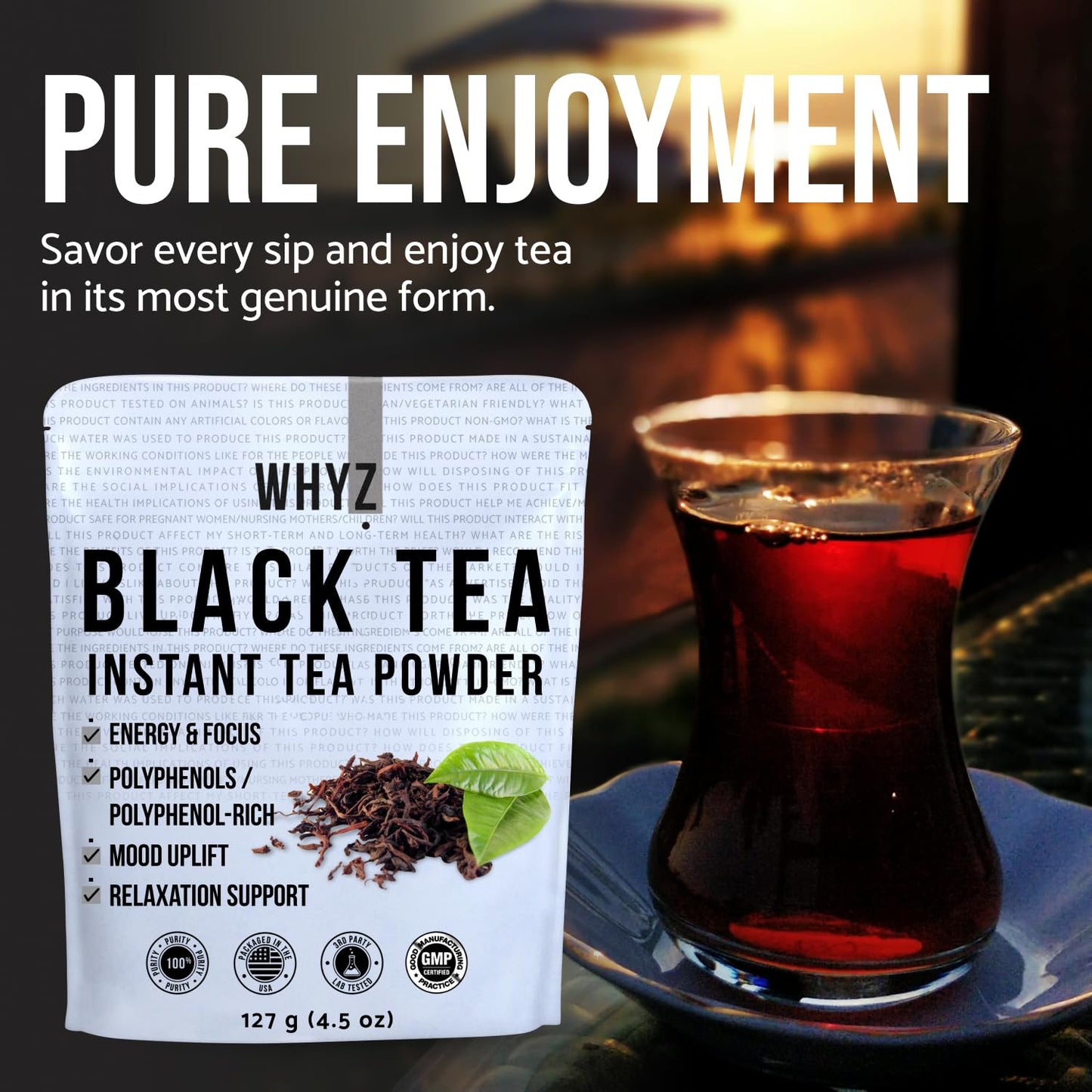 Whyz Instant Black Tea Powder, 4.5 Oz, Unsweetened Iced Tea Concentrate From Real Black Tea Leaves, Instant Tea Powder For Hot &