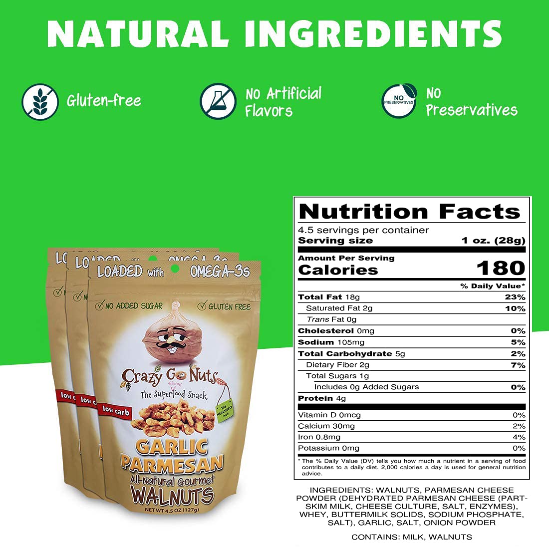Crazy Go Nuts Walnuts Garlic Parmesan - Healthy Snacks, Keto, Low Carb, Gluten Free, Superfood-Natural, ALA, Omega 3 Fatty Acids