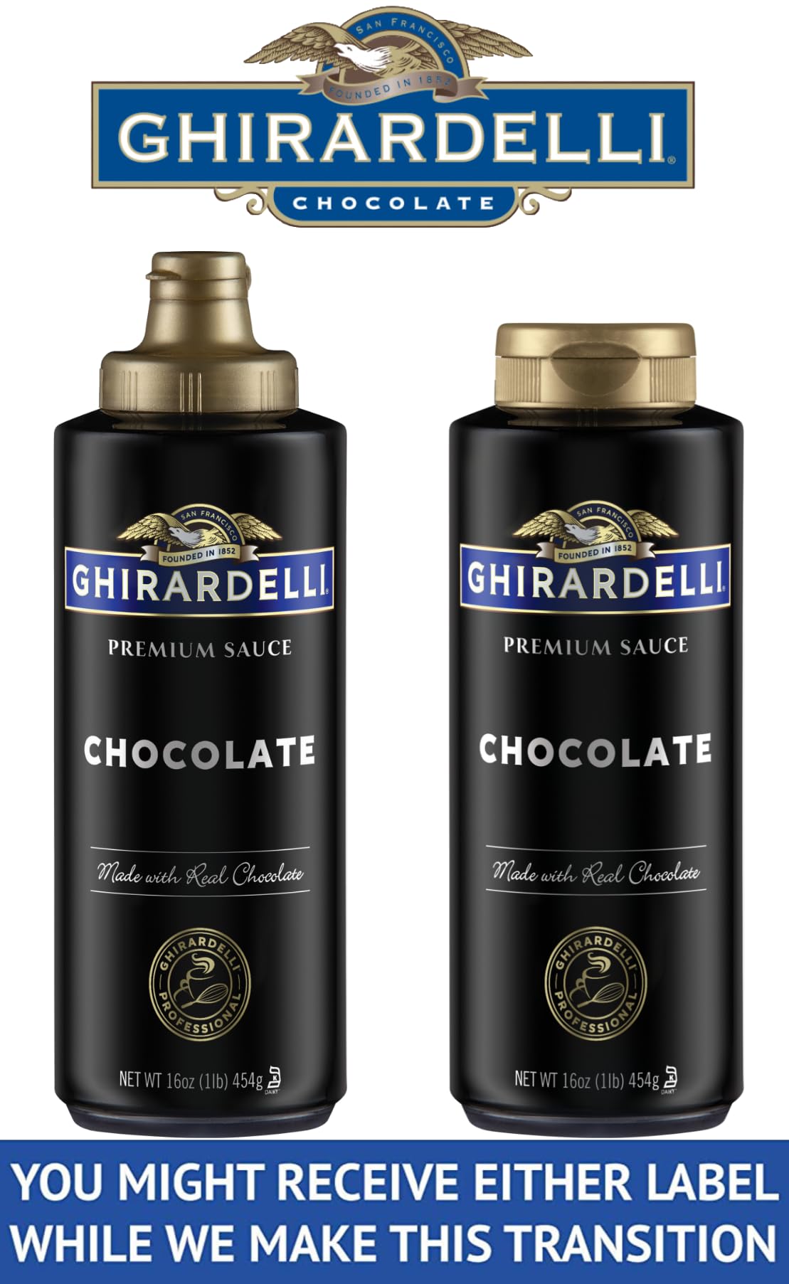 Ghirardelli Caramel and Chocolate Sauce Set of 2 Squeeze Bottles 16 Ounce with Stamped Barista Spoon