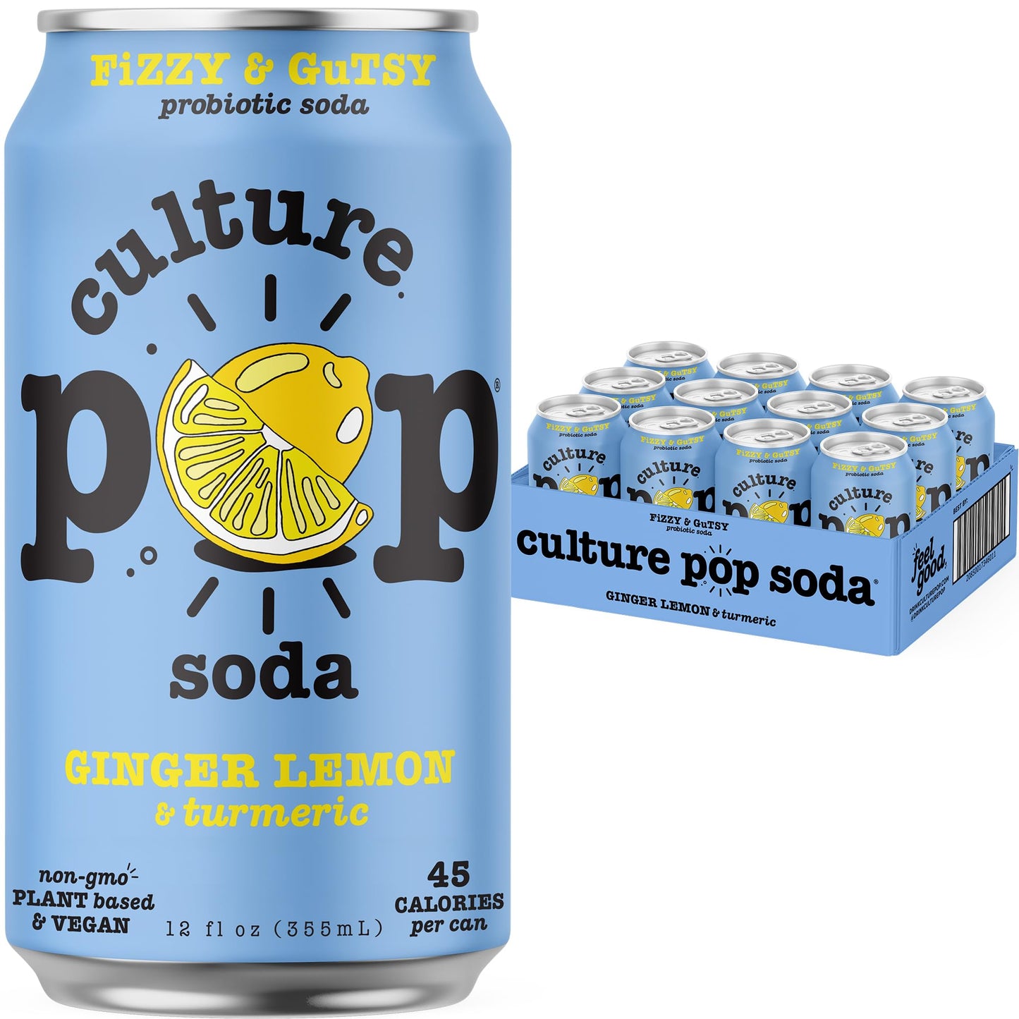 Culture Pop Soda, Ginger Lemon & Turmeric, Probiotic Low Sugar Soda, Sparkling Juice Alternative, Non-Gmo, Kosher, Gluten-Free, No Stevia (12Pk)