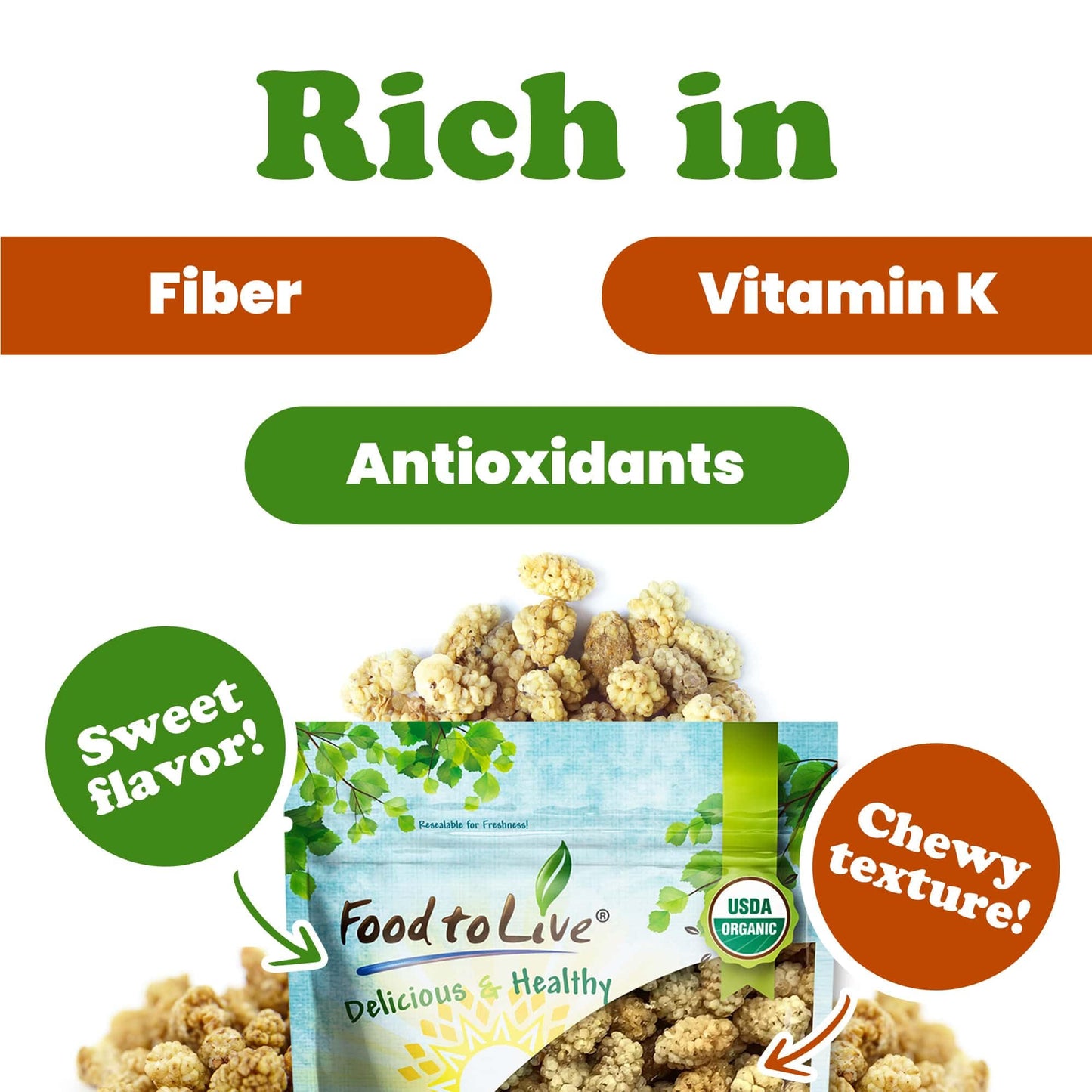 Food To Live Organic Dried White Mulberries, 8 Ounces - Non-Gmo, Unsulfured, Bulk