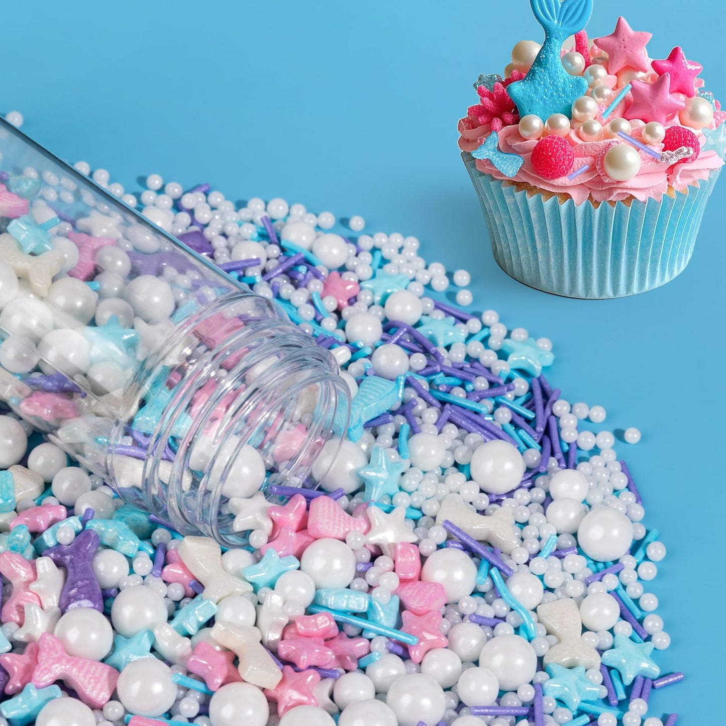 Mermaid Sprinkles,Edible Sugar Pearl Stars Jimmies Mix 130g/4.58oz,Pearl Candy Ocean Sprinkles,Summer Baking Cake Fun Decoration