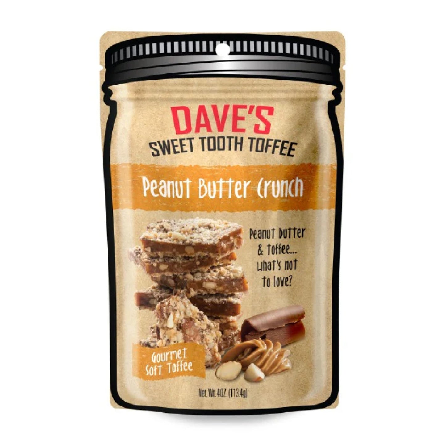 Daves Sweet Tooth Toffee - Peanut Butter Crunch Toffee (4 oz) - Handmade & Homemade Gourmet Soft Toffee with Real Butter, Real 