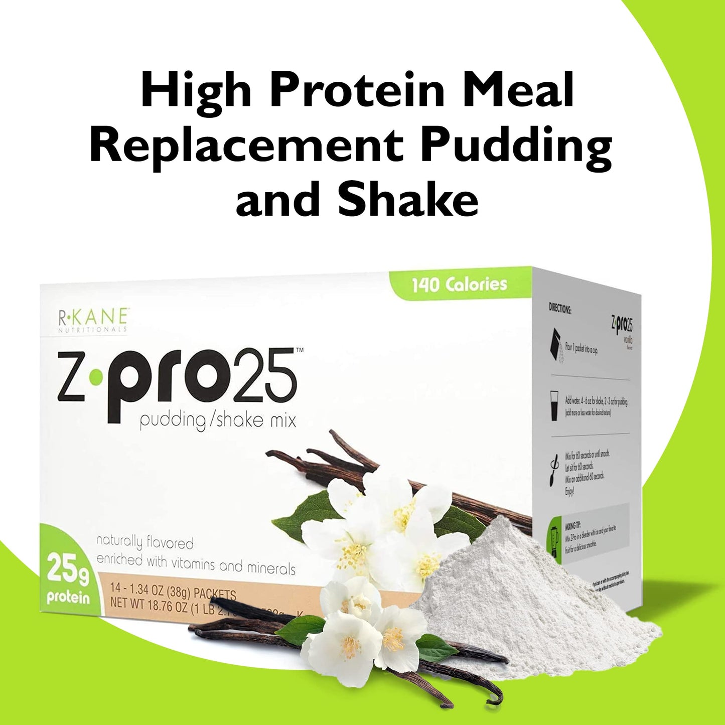 R-Kane Nutritionals Z-Pro Vanilla Protein Drink Mix - High Protein, Low Calorie Low Fat Shake And Pudding Mix - Meal Replacement, On-The-Go Packets - Breakfast Boost - 25G Protein - 14 Packets