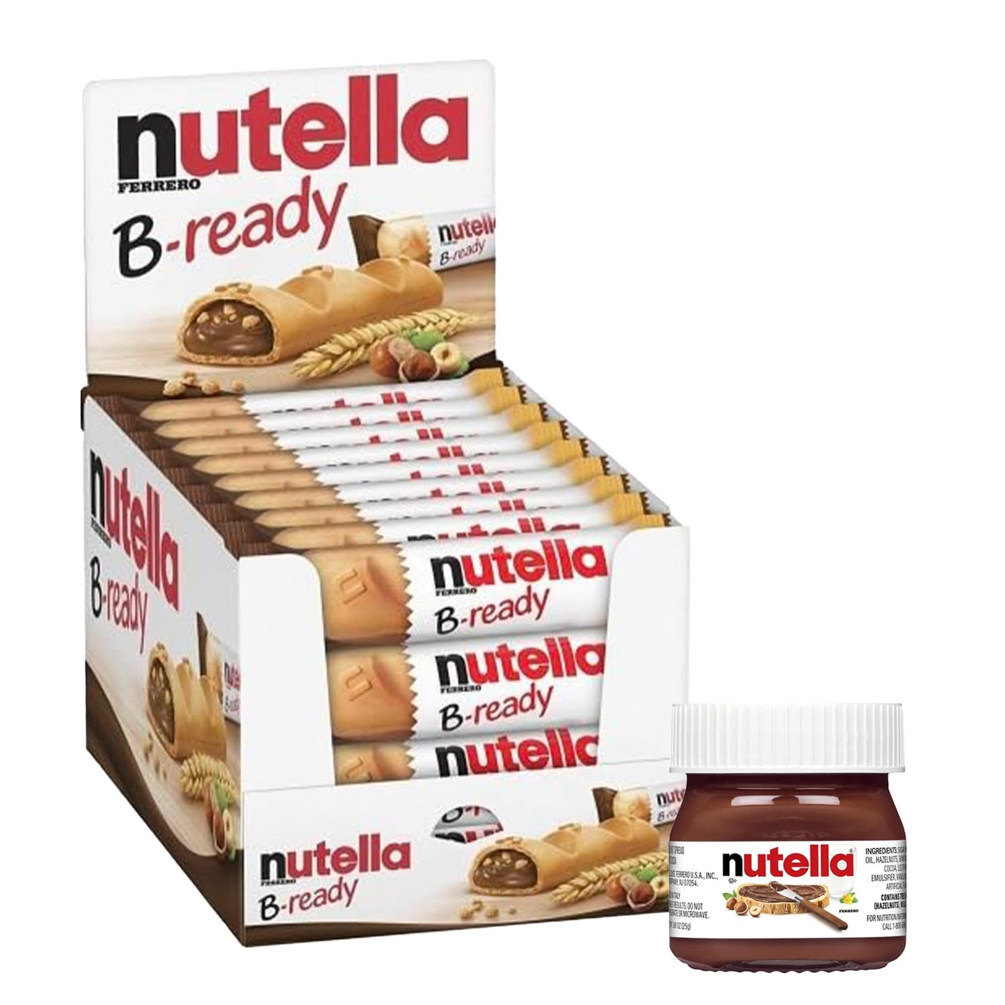 B-Ready Crispy Wafer Bars - 36 Count + Bonus Mini Glass Jar (0.88 Oz) - Delicious Nutella Spread With Hazelnut And Cocoa - Perfe