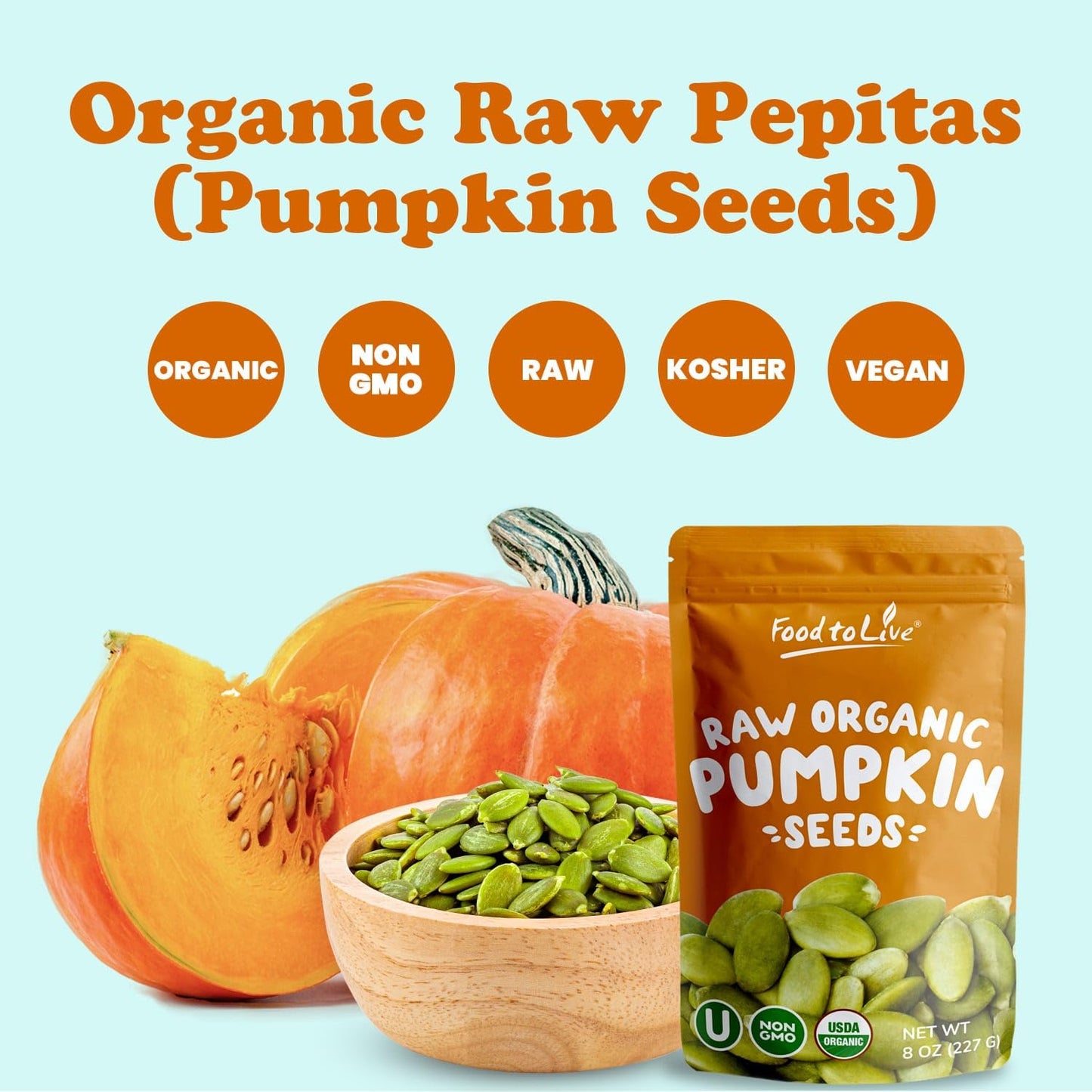 Food To Live Organic Raw Pepitas, 8 Ounces — Non-Gmo, Pumpkin Seed Kernels, Unsalted, No Oil, No Shell, Vegan, Kosher, Bulk. Keto Snack.