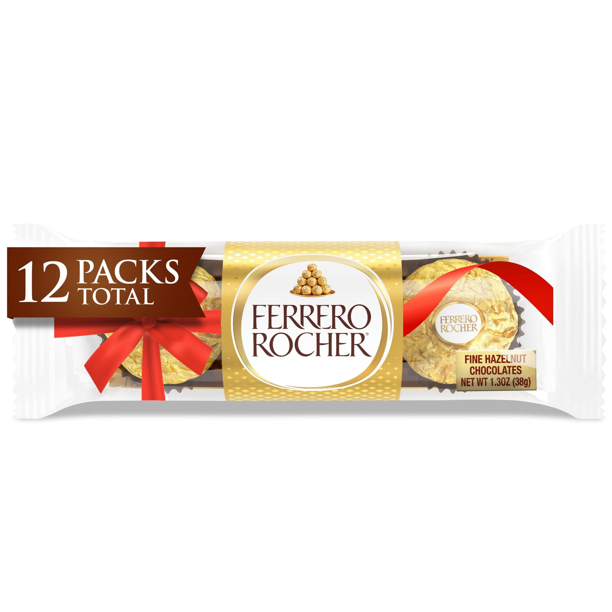 Ferrero Rocher, 12 Holiday Gift Packs, Gourmet Milk Chocolate Hazelnut, Chocolate Gift Box, Individually Wrapped, 1.3 Oz Each