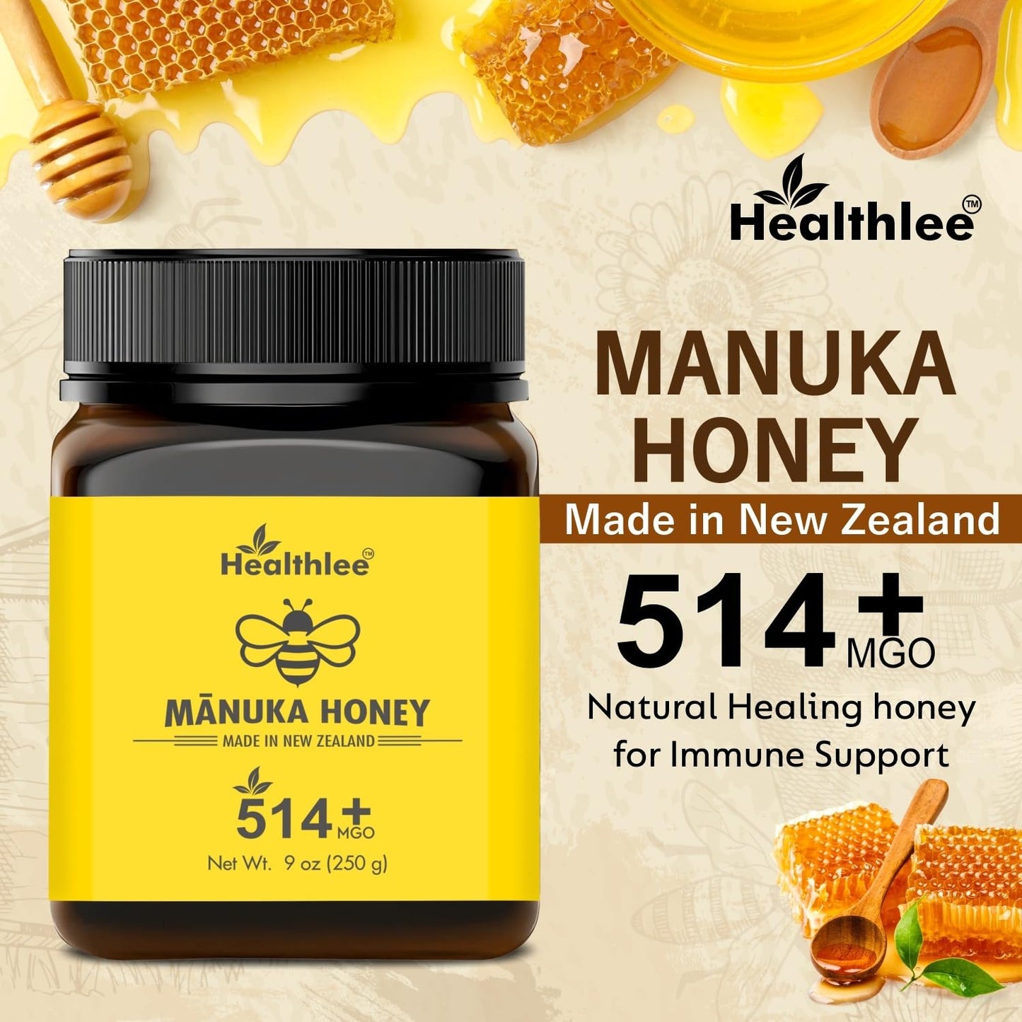 Healthlee Manuka Honey 514+ MGO, High Grade Monofloral, 8.8oz (250g)
