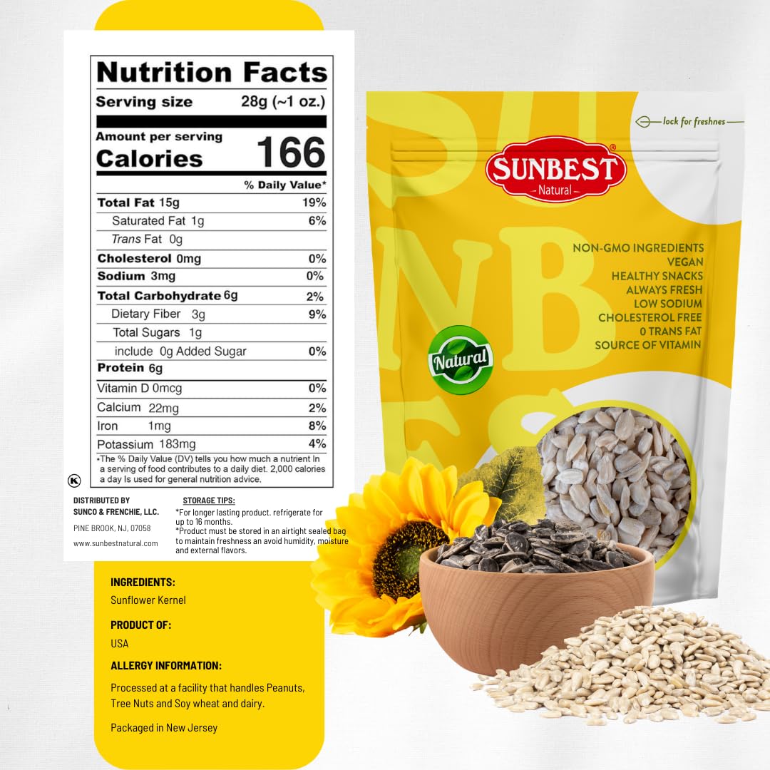 Sunbest Natural Raw Sunflower Seed Kernels 32 Oz (2 Lbs) 1 Pack - Unsalted & Nutritious For Snacking, Cooking, & Baking - Vegan-Friendly - Ideal For On-The-Go & Recipes - Bulk Size For Value