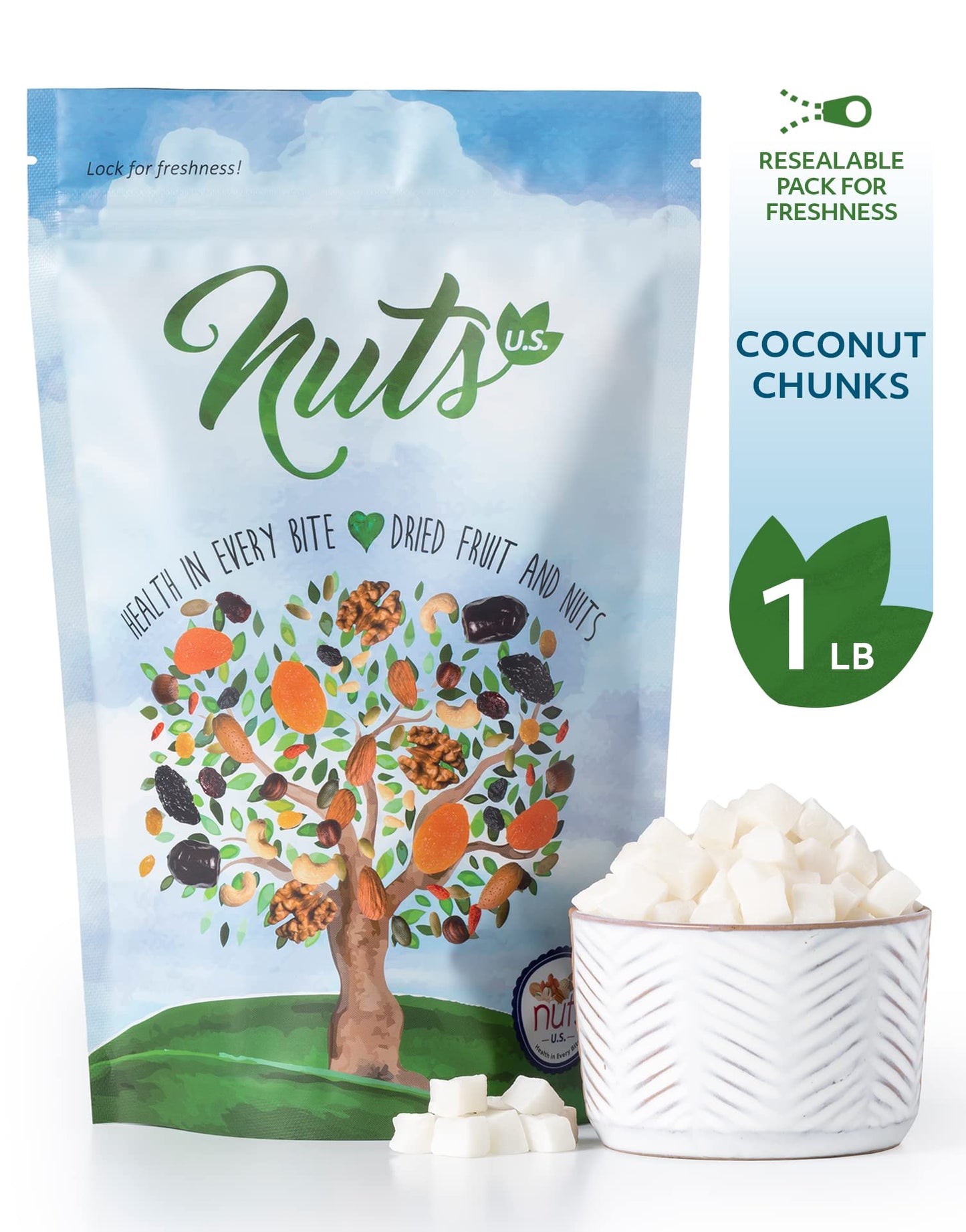 NUTS U.S. Coconut Chunks, Sweetened, No Artificial Colors or Flavors, 1 LB Resealable Bag