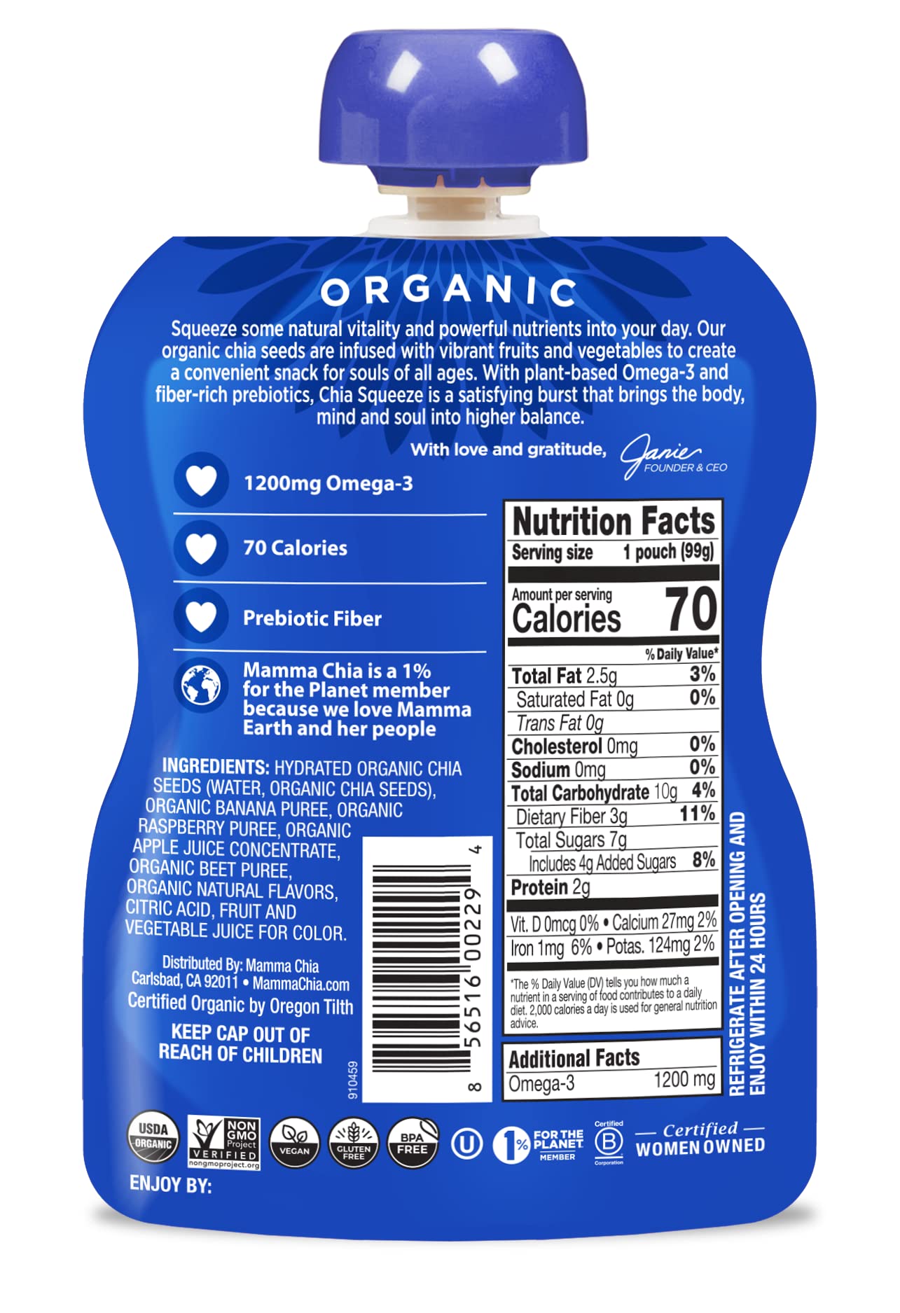Mamma Chia Squeeze Organic Vitality Snack, Wild Raspberry, 8 Count, 3.5Oz