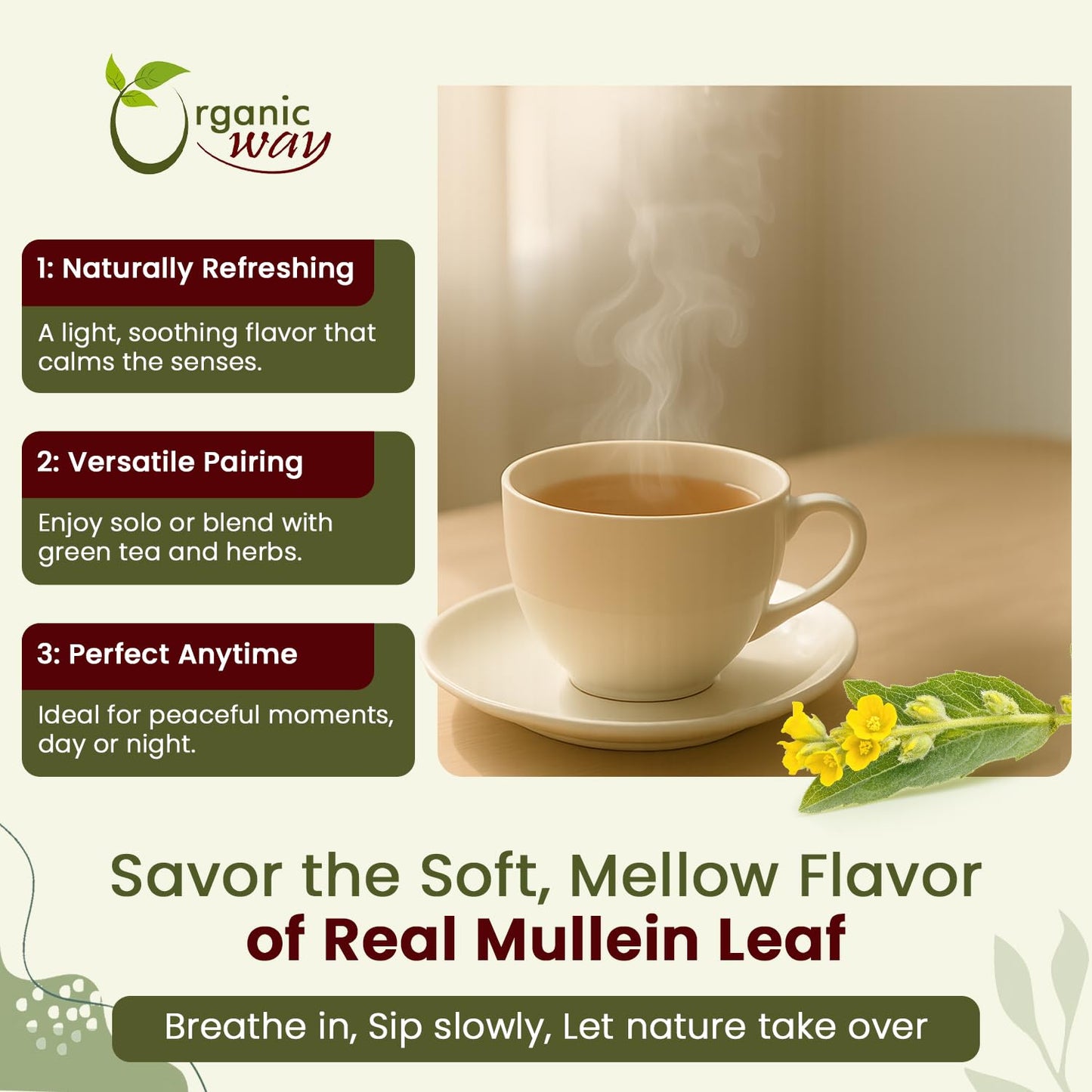 Organic Way Mullein Leaf Herbal Tea Cut & Sifted 4 Ounce Non-GMO Yellow