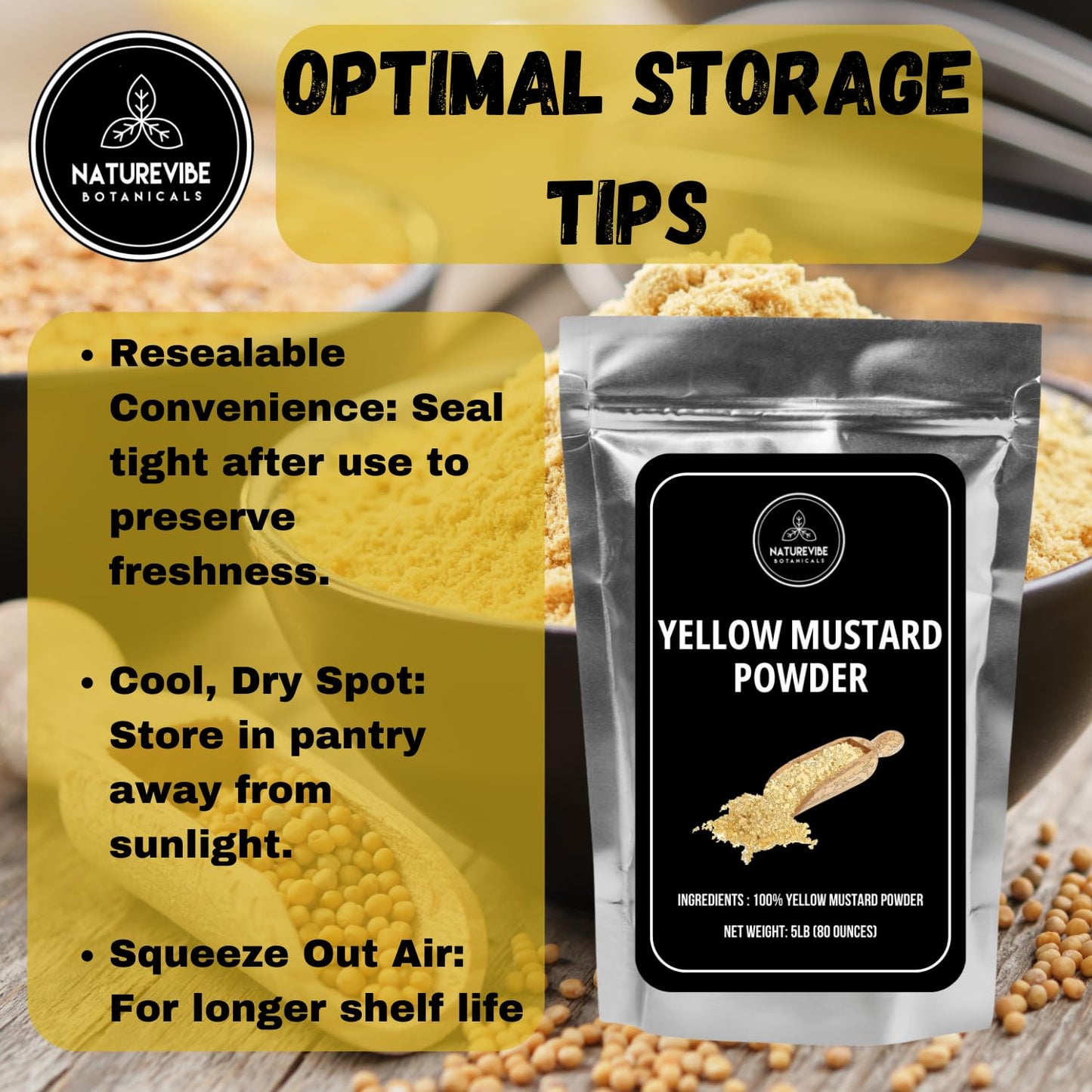 Yellow Mustard Seed Powder By Naturevibe Botanicals 5Lb | 100% Pure Yellow Mustard Grounded | Adds Flavor | Bulk Bag (80 Ounces)