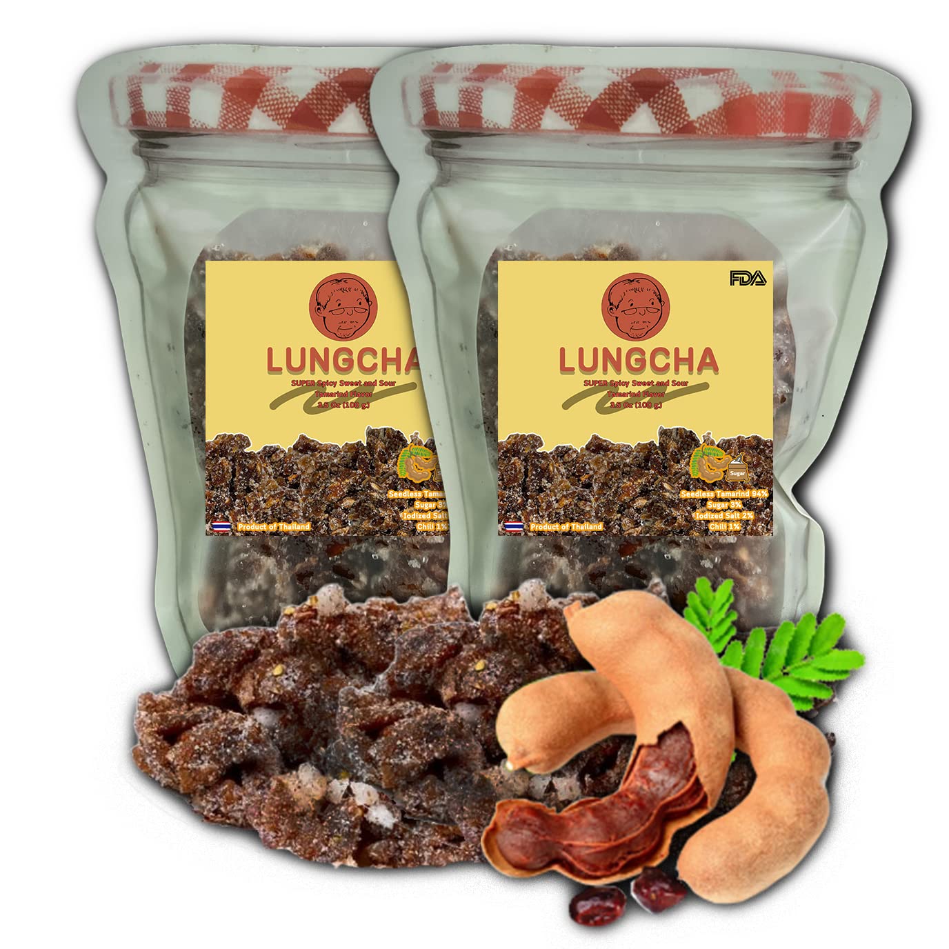 LUNGCHA Super Spicy & Sour with Sugar Mixed Flavor, Seedless Real THAI DRIED TAMARIND Variety Flavors Mixed 3.5 Oz. (100 g.) x 2