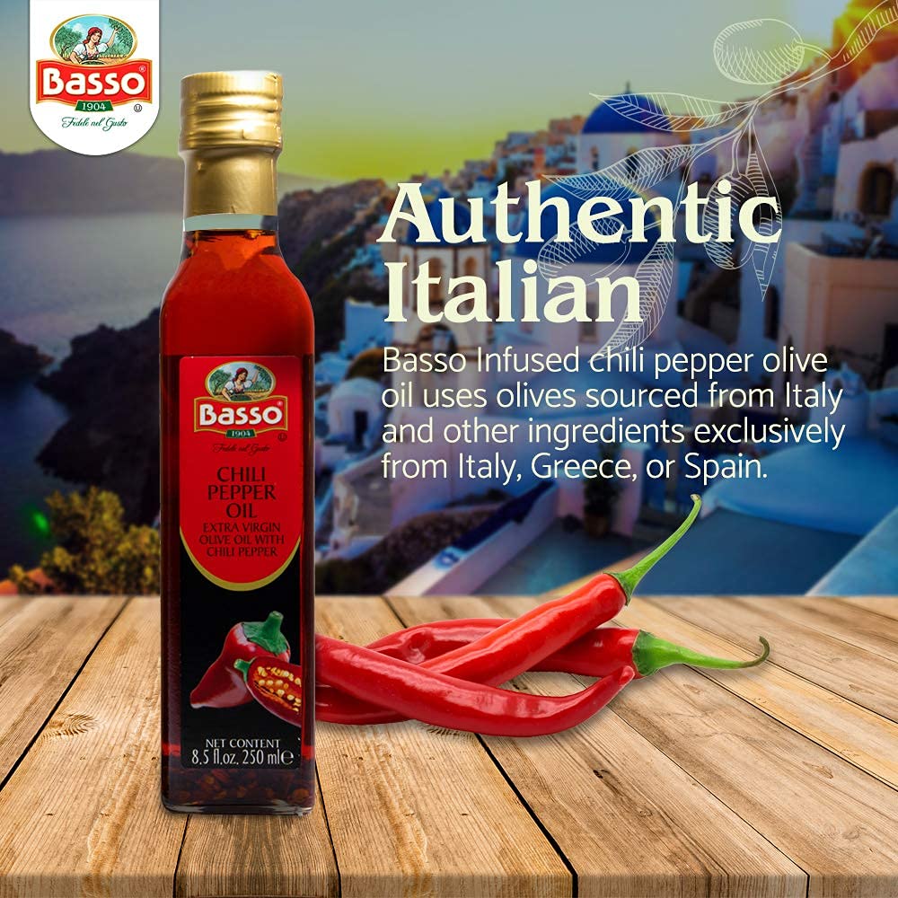 BASSO 1904 Spicy Chili Oil - Infused Extra Virgin Olive Oil, 8.5 Fl Oz, Ideal for Drizzling, Cooking, Dipping, and Dressing