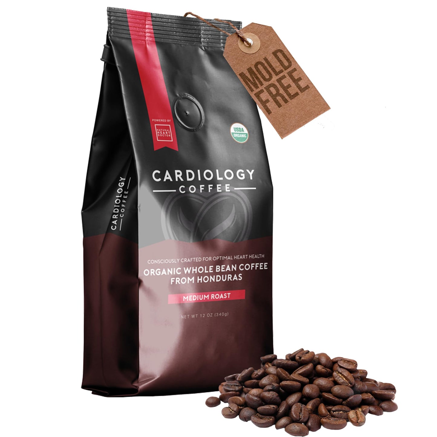 Cardiology Coffee Whole Bean Coffee, USDA Organic, Mold Free, Medium Roast, 12oz