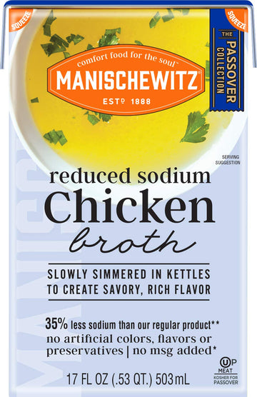 Manischewitz Reduced Sodium Chicken Broth 17oz, Flavorful, Kettle Cooked, Slowly Simmered, Kosher for Passover