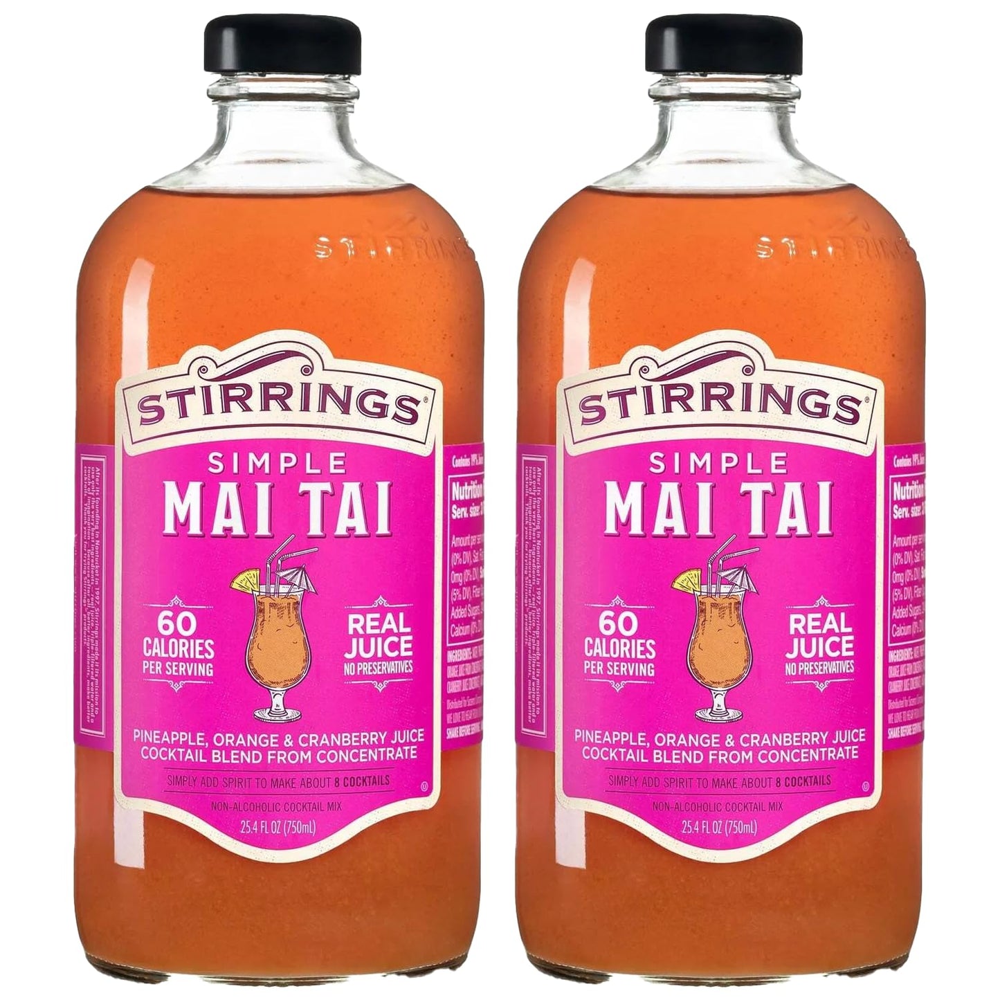 Stirrings 2 Pack Mai Tai Mixed Flavor Mix 750Ml Bottles - Real Juice No Preservatives - 90 Calories - Drink Mixer