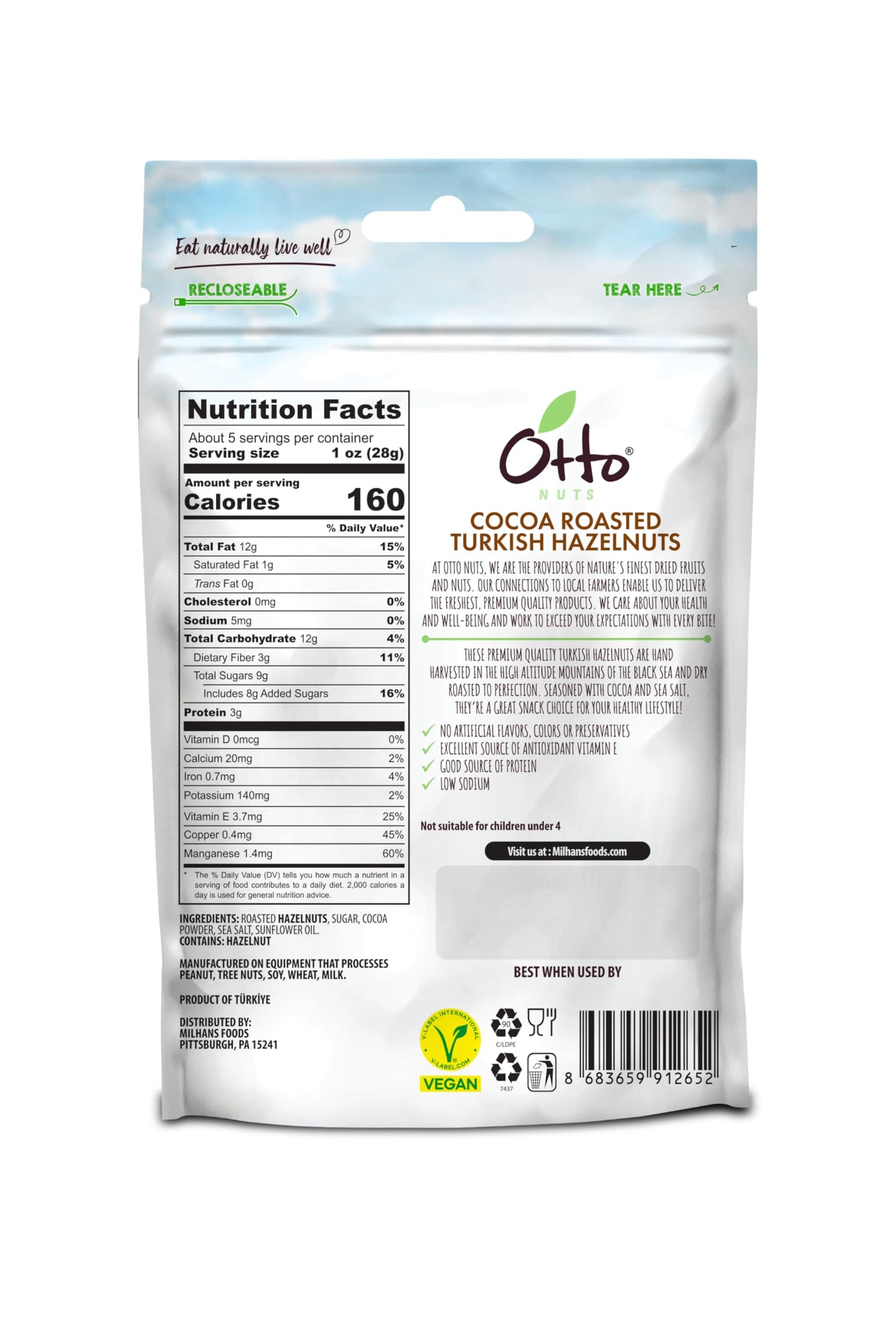 OTTONUTS Cocoa Roasted Turkish Hazelnuts, 5 OZ Resealable Bag, Non-GMO Vegan Snack, Good Source of Protein, Small Size