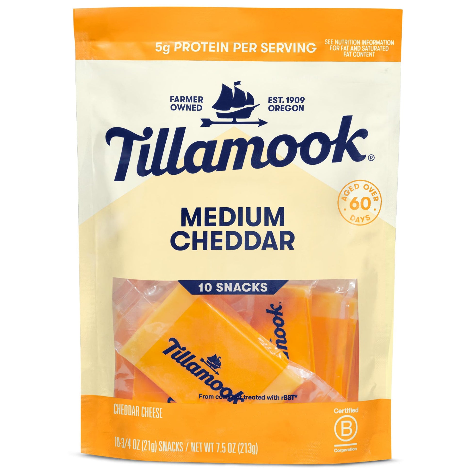Tillamook, Medium Cheddar Cheese 3/4 oz Snack Portions, 10 ct