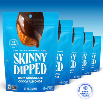 Skinnydipped Dark Chocolate Cocoa Almonds, Healthy Snack, Plant Protein, Gluten Free, 3.5 Oz Resealable Bags (Pack Of 5)