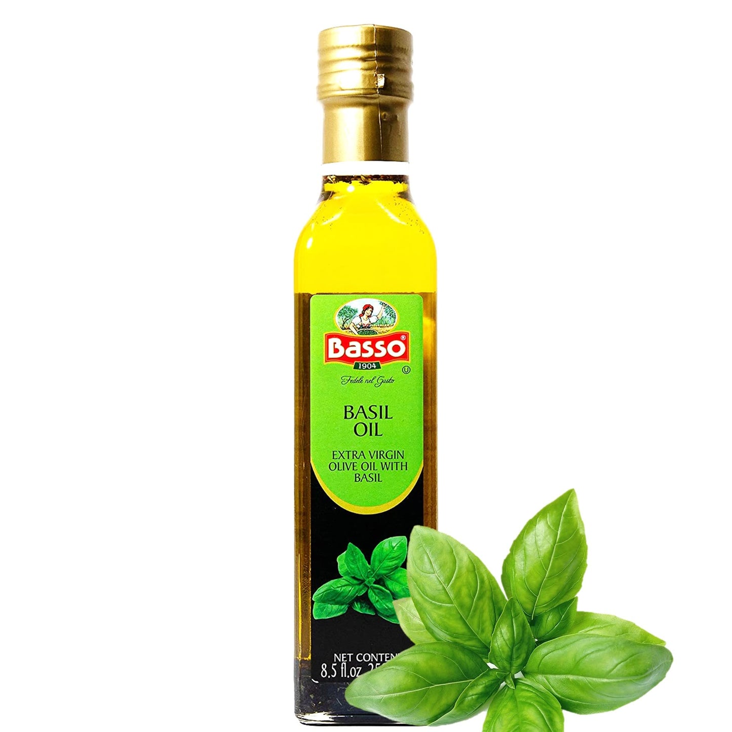 BASSO 1904 Basil Infused Extra Virgin Olive Oil, 8.5 Fl Oz (250 ml), Ideal for Cooking, Dipping, and Dressing