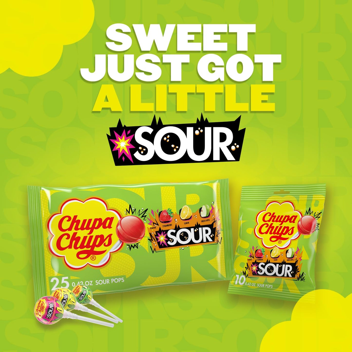 Chupa Chups SOUR Lollipops Variety Pack, Lemon, Strawberry, Apple Flavors, 4.2 oz (Pack of 8), Individually Wrapped Holiday Candy
