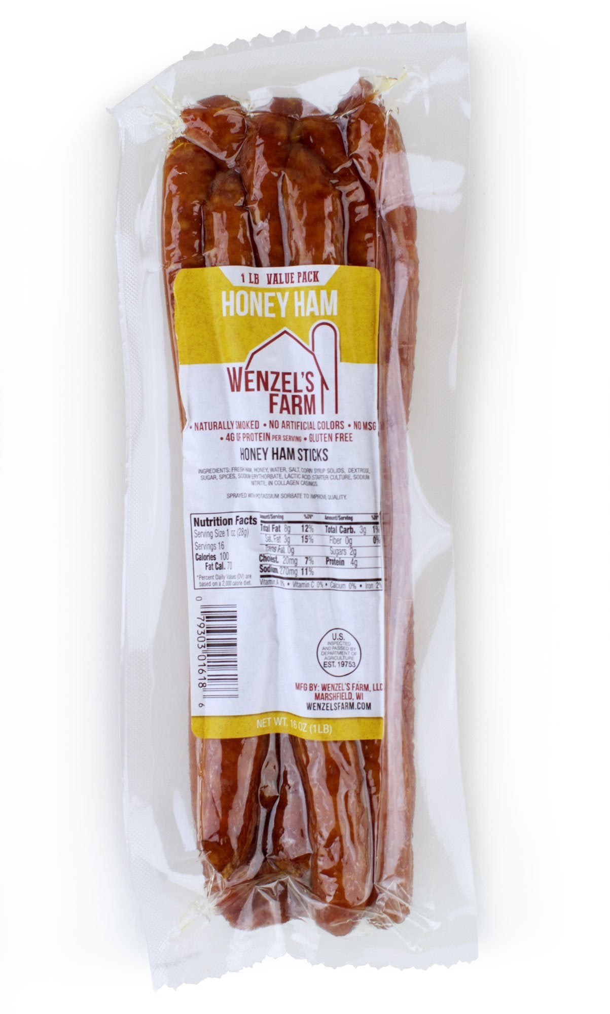 Wenzels Farm Honey Ham Sticks - High Protein, Low Carb, Gluten Free - 1 Pound Bulk Pack