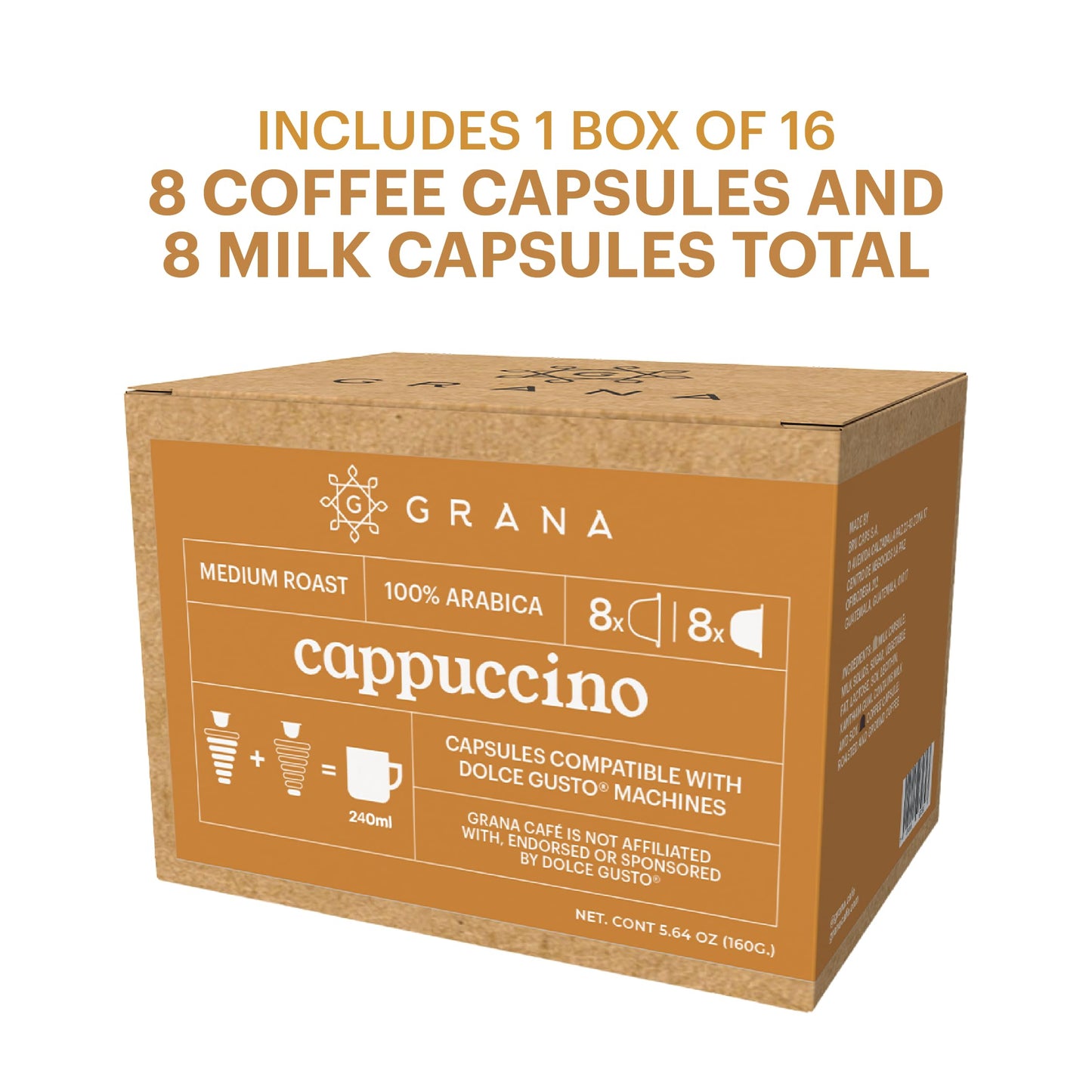 G Grana Cappuccino Coffee Pods - 100% Arabica - 16 Count Compatible with Nescafe Dolce Gusto