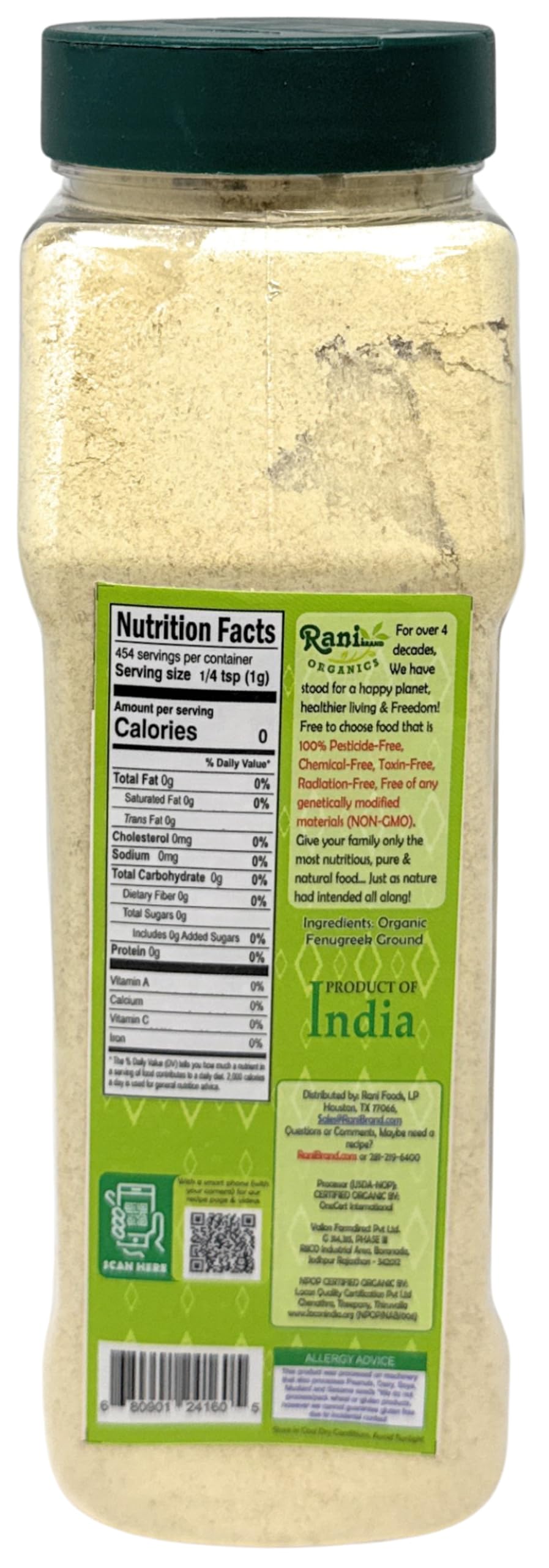 Rani Organic Fenugreek (Methi) Seeds Ground Powder 16Oz (1Lb) 454G Jar, Trigonella Foenum Graecum ~ All Natural | Vegan | Gluten