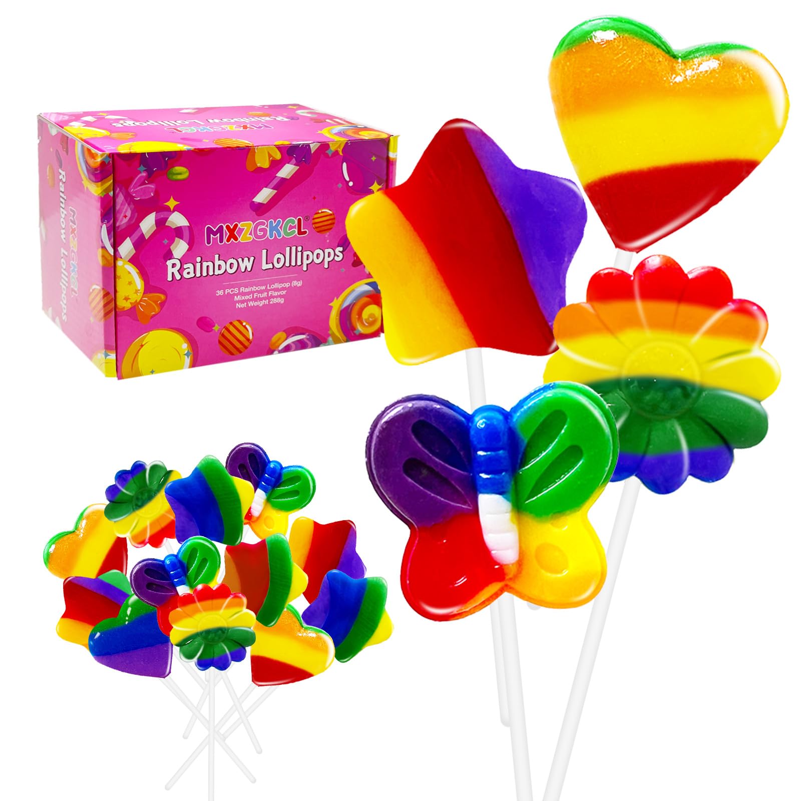 36 Pack Rainbow Flower, Colorful Butterfly, Galaxy Star & Heart Lollipop Suckers, Rainbow Swirl Lollipops Individually Wrapped B
