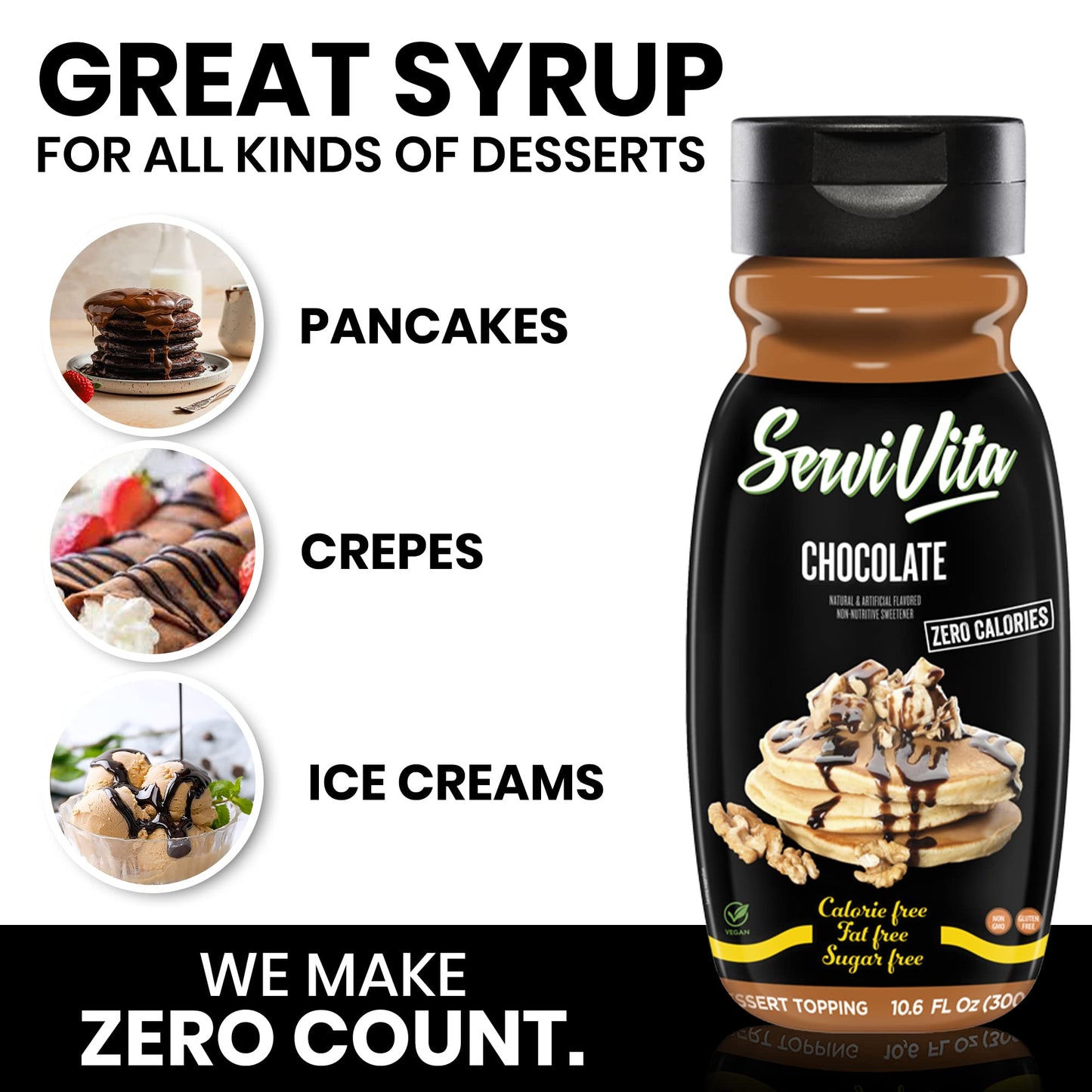 Sugar Free Chocolate Syrup Zero Calories And Fat Free, 10.6 Fl Oz - No Sugar Chocolate Syrup Dessert Topping Gluten-Free, Non-Gm