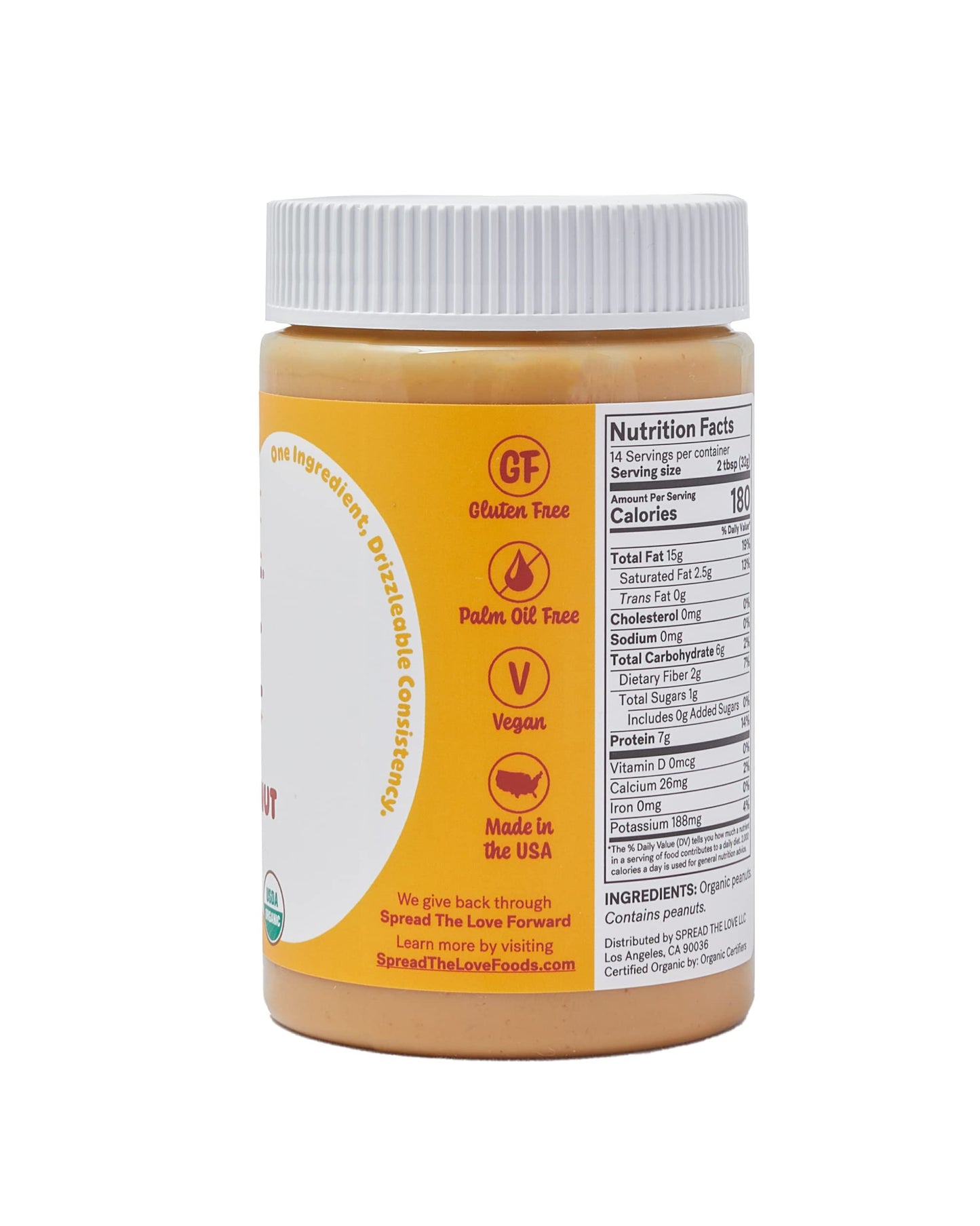 Spread The Love Organic Peanut Butter, Creamy, Vegan, Gluten-Free, 16 Ounce, No Added Salt or Sugar, Dry-Roasted