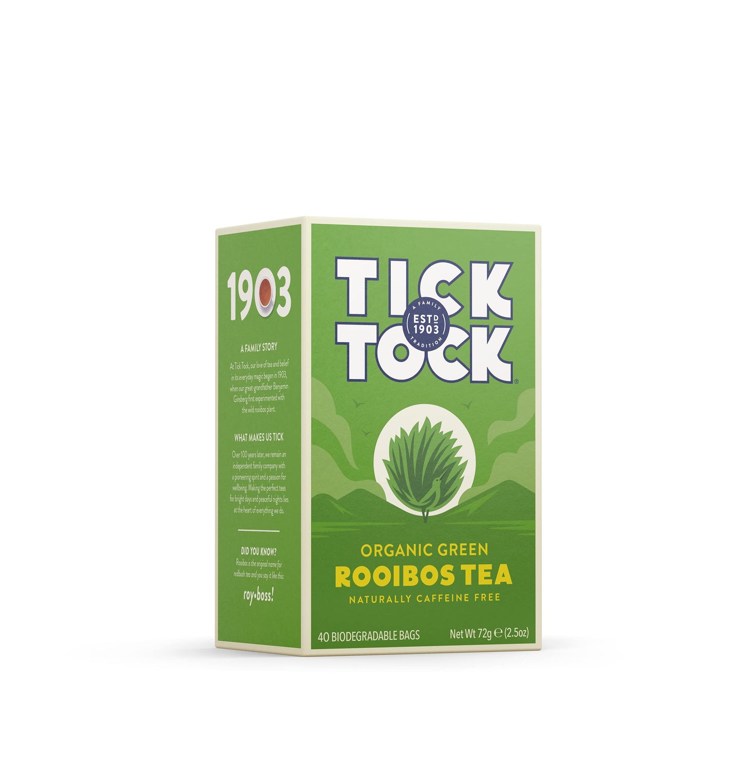 Tick Tock Organic Rooibos Green Tea, Naturally Caffeine Free, 40 Count, 2.5 Oz
