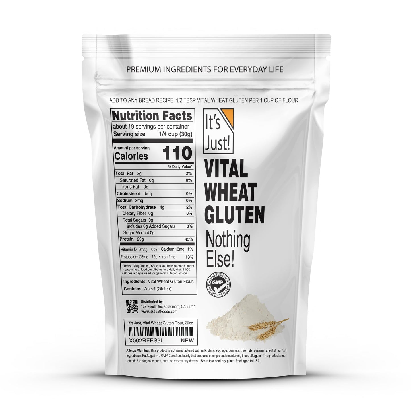 Its Just - Vital Wheat Gluten, 1.25lb, High Protein Wheat Flour, Vegan Friendly Seitan, Low Carb Bread, 20oz