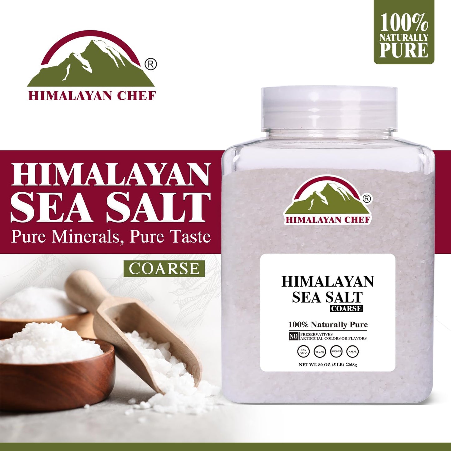 Himalayan Chef Coarse Grain Sea Salt - Non-GMO, Kosher, 5 lb Jar (80 Ounce)