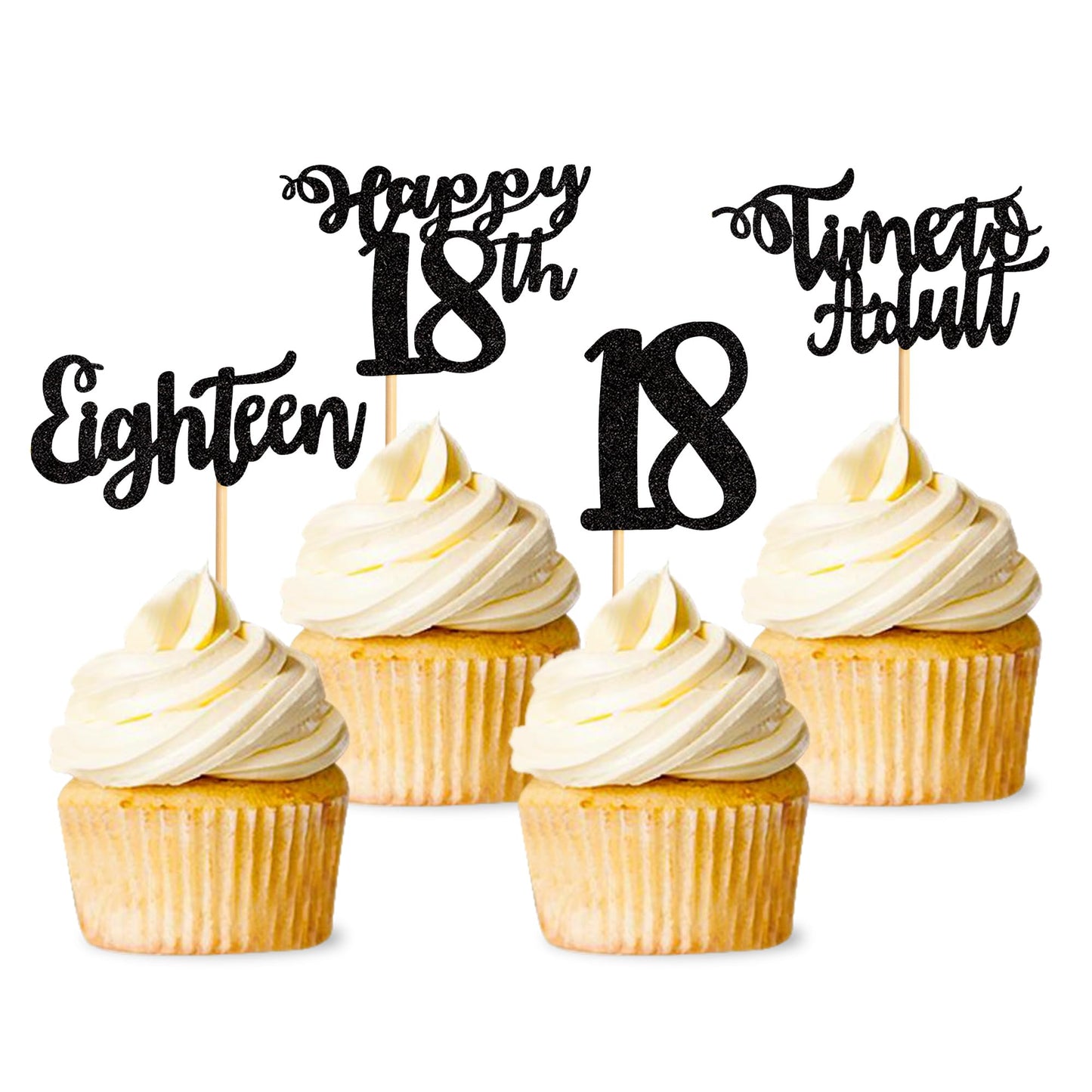 Cyodoos 24Pcs 18th Birthday Cupcake Toppers, Black Glitter, Small, Paper, Model S-PL-8726