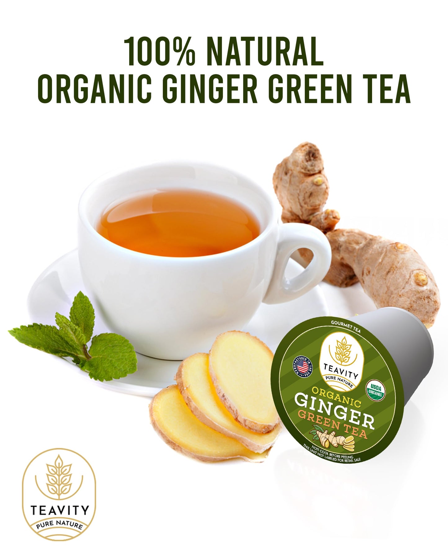 Teavity Green Tea & Ginger Tea Pods - Organic, Dye Free, Unsweetened - 12 Count for K Cup Machines