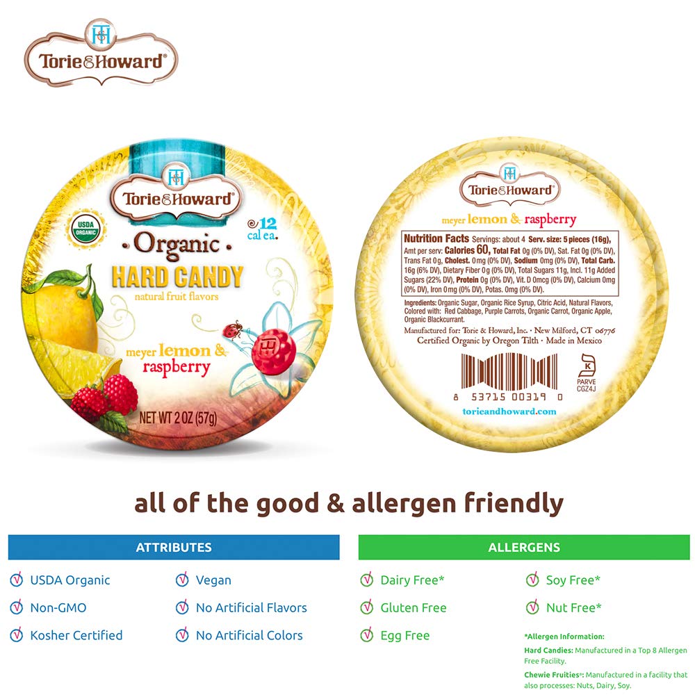 Torie And Howard Organic Hard Candy Lemon And Raspberry, 2 Ounce
