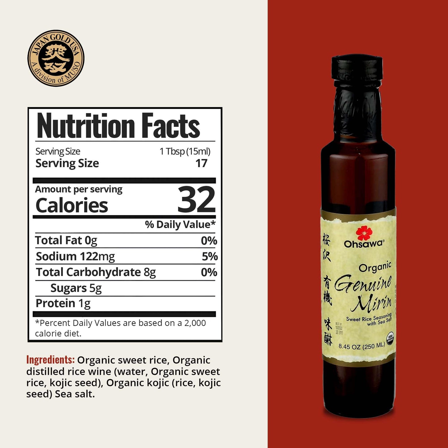 Ohsawa Genuine Mirin, Authentic Japanese Sweet Cooking Wine, Vegan, Non-GMO, 8.45 oz