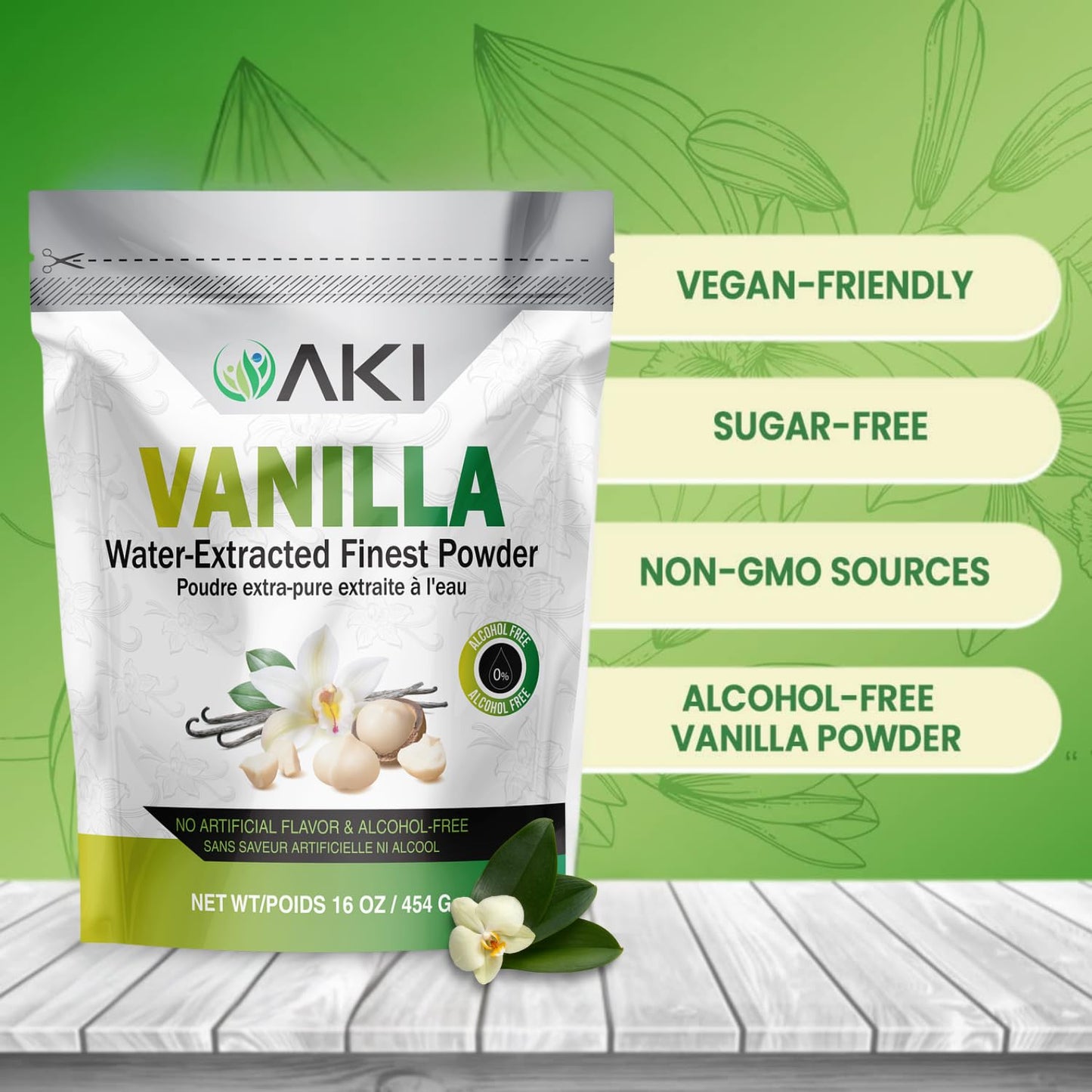 Aki Vanilla Extract Powder From Authentic Beans For Delicious Flavoring, Cooking, Baking, Drinks, Tea, Coffee, Smoothies, Cocktails - Sugar-Free &  -Free (454G/1Lb)