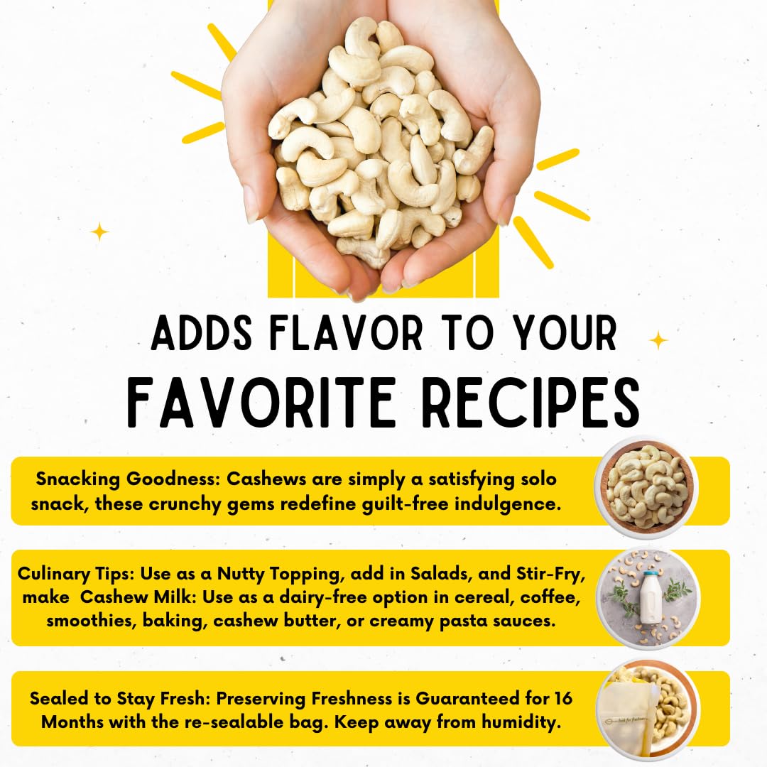 SUNBEST NATURAL Whole Raw Cashew Nuts, Unroasted & Unsalted, 3 LB Resealable Bag, Non-GMO Vegan Snack for Cooking & Baking