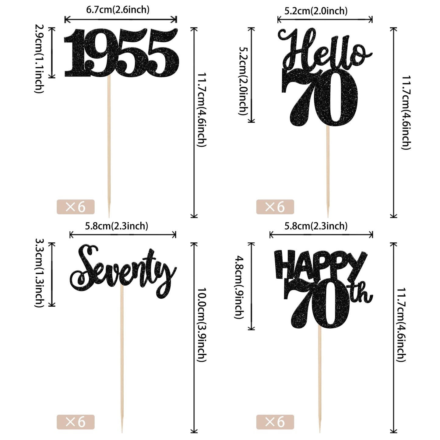 24 Pcs Black Happy 70Th Birthday Cupcake Toppers Glitter Hello 70 Cupcake Picks Seventy Since 1953 Cake Decorations For Happy 70