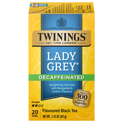 Twinings Decaffeinated Lady Grey Black Tea Individually Wrapped Bags, 20 Count (Pack of 1), Orange Peel & Lemon Peel, Enjoy Hot 