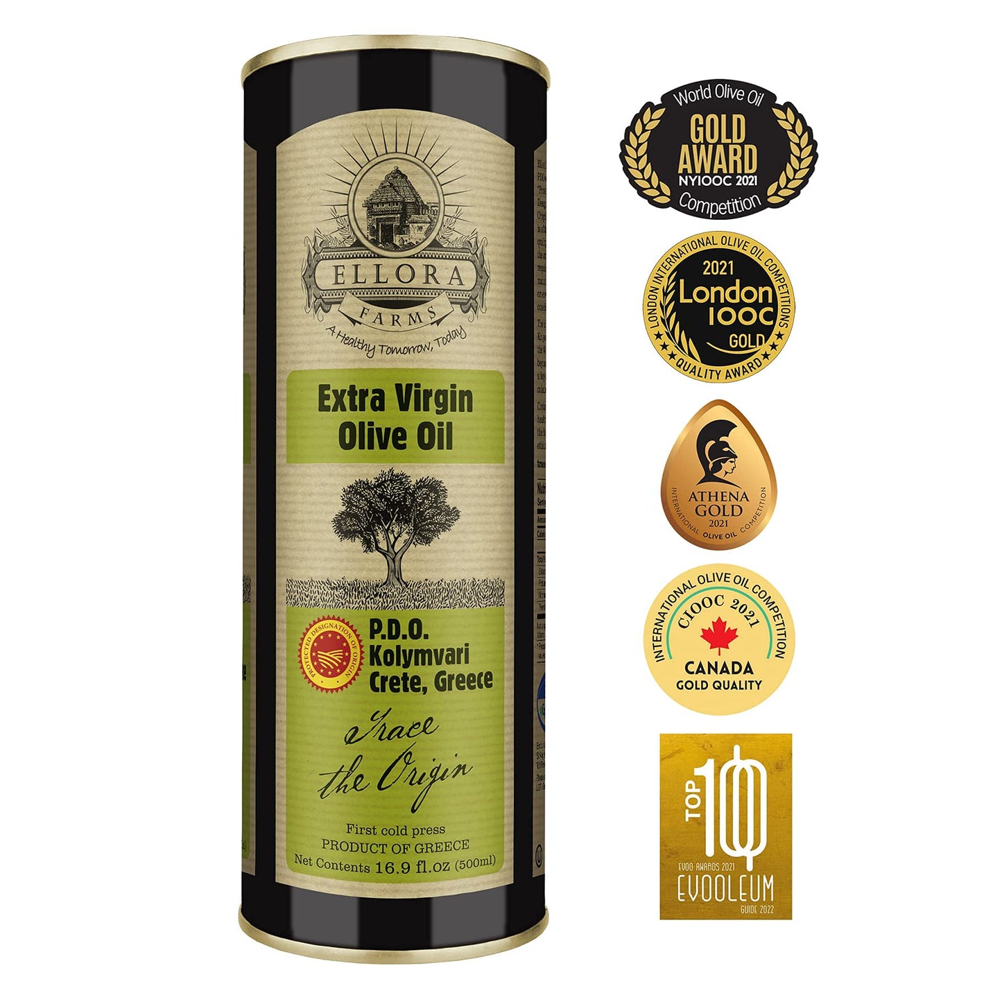 Ellora Farms Extra Virgin Olive Oil, Single Estate, Cold Pressed, 16.9 Fl Oz, Kosher, Crete, Greece