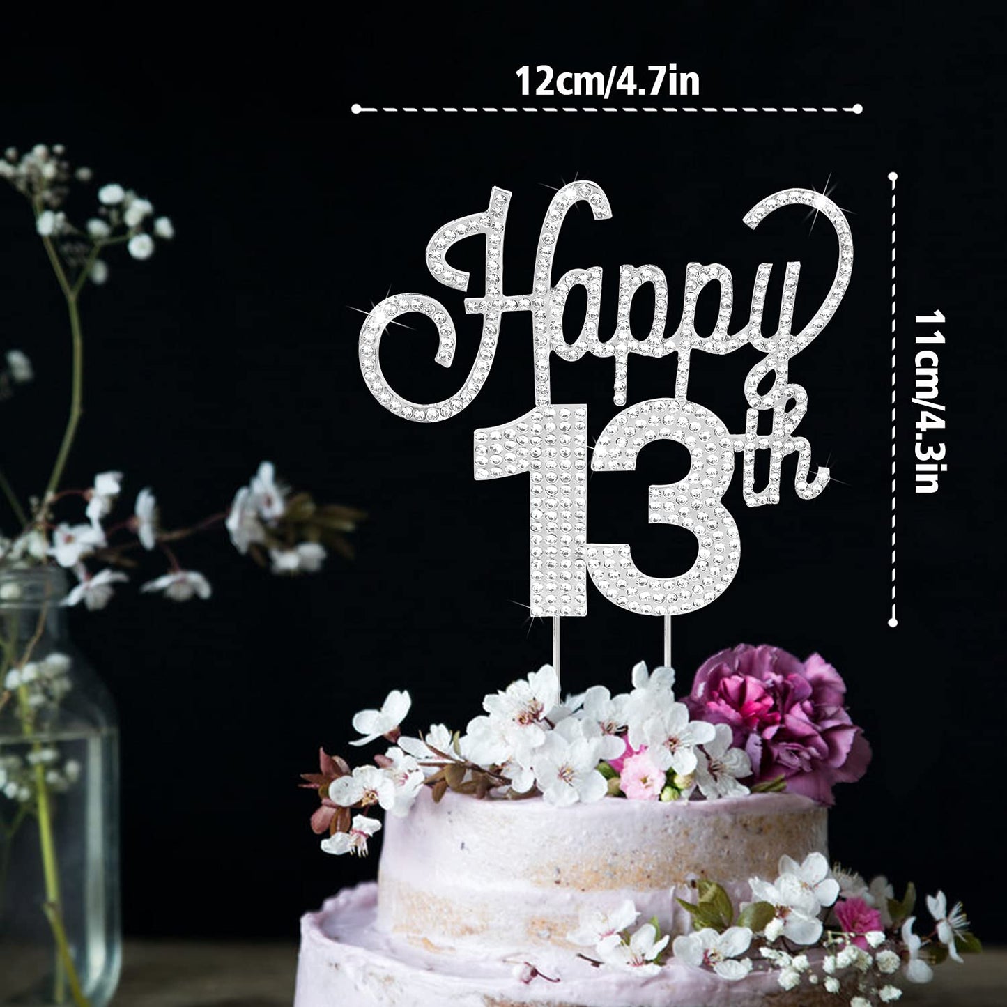 Lingteer Happy 13Th Birthday Silver Rhinestone Cake Topper - Cheers To 13Th Birthday Thirteen Years Old Party Cake Centerpieces