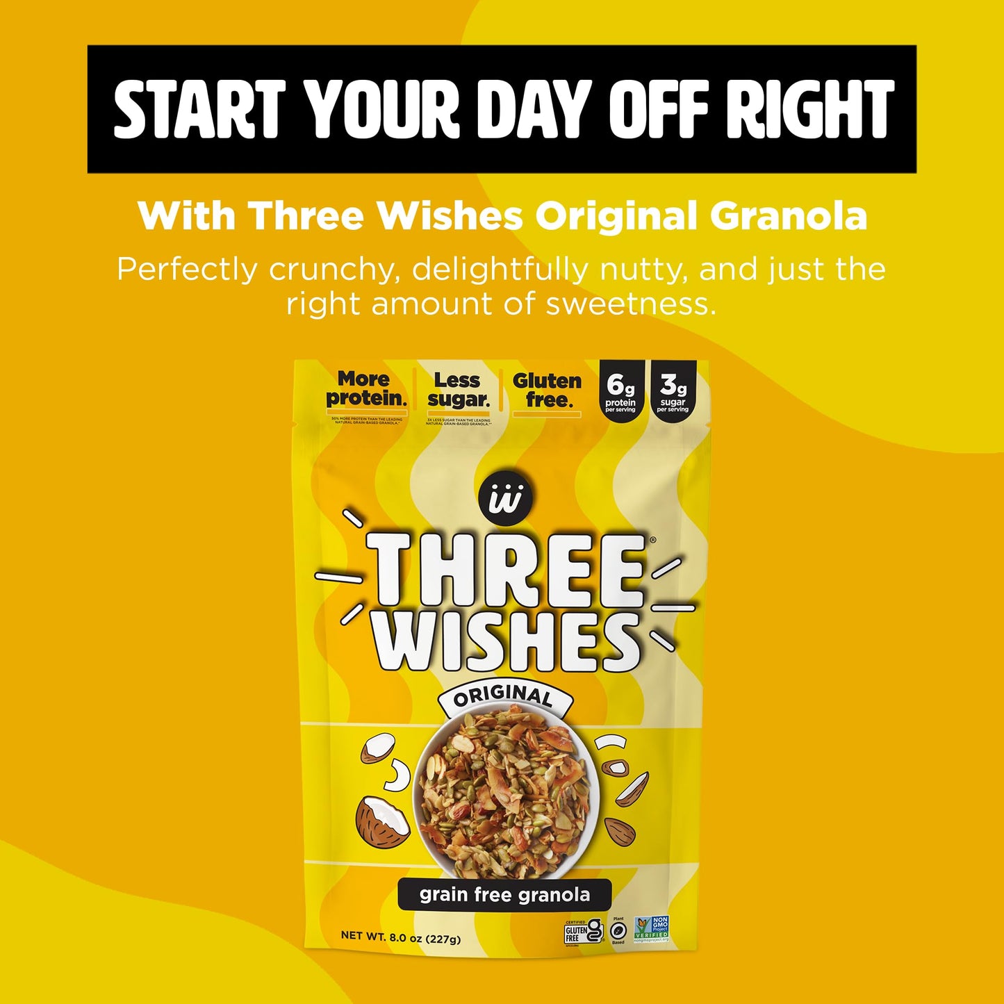 Three Wishes Granola, Original (4-Pack) - Gluten Free Granola, 6g Protein & 3g Sugar Healthy Breakfast & On-the-Go Snack - Vegan