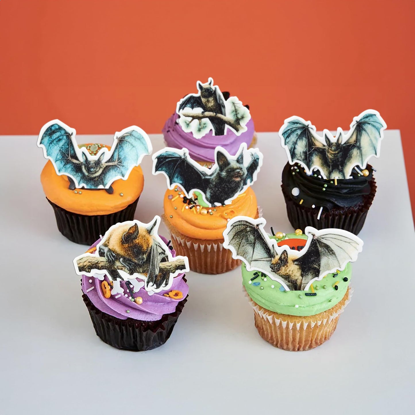 Gyufise 60Pcs Edible Halloween Bat Cupcake Toppers - Wafer Paper Picks For Baby Shower, Kids Theme Birthday Party Cake Decorations Supplies Multi