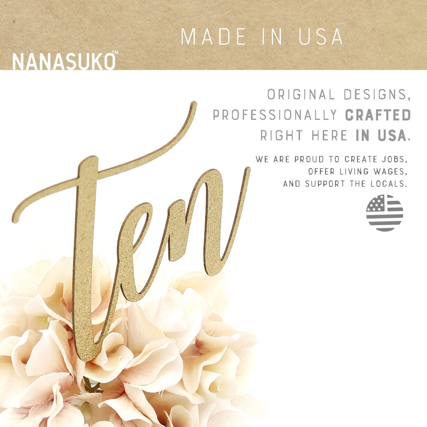 Nanasuko 10Th Birthday Cake Topper - Ten - Double Sided Gold Glitter - Premium Quality Made In Usa