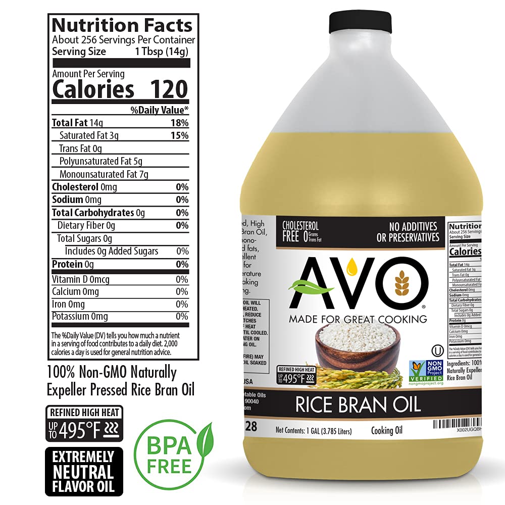 Avo Non Gmo 100% Rice Bran Oil, 1 Gallon, No Preservatives Added
